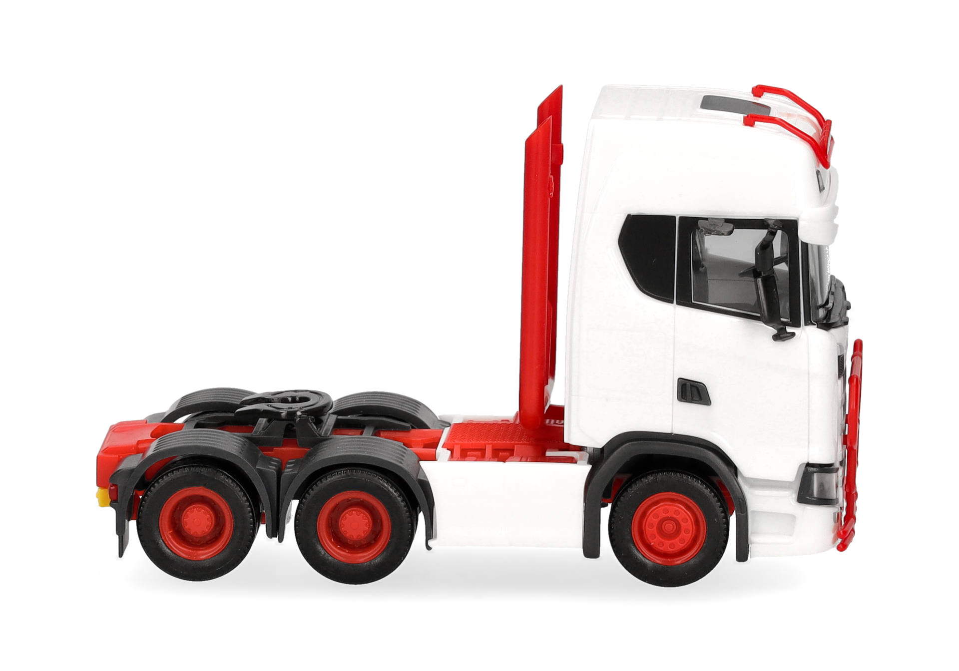 toy, truck, tractor-trailer, red-wheels, white-cab, truck, semi-truck, tractor, tractor unit, toy truck