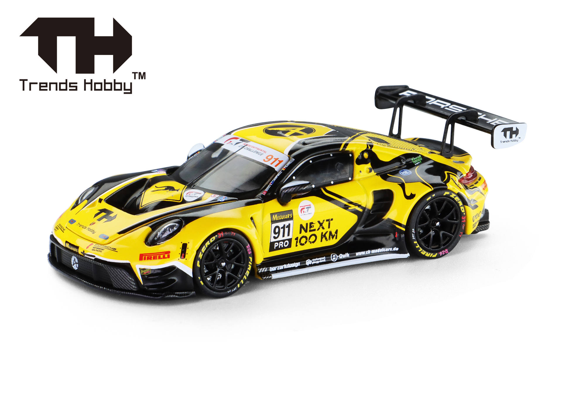 RC car, Porsche model, yellow livery, race car, wing spoiler