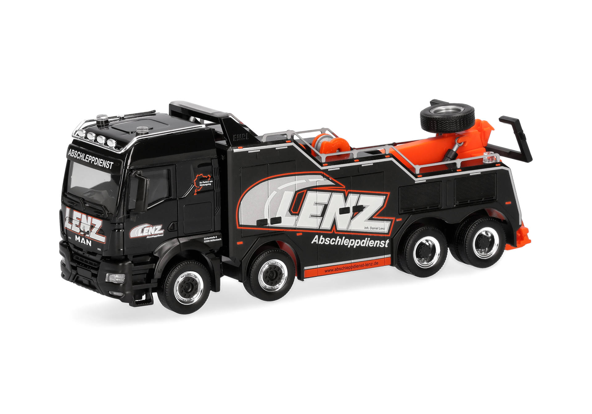 tow truck, diecast, model truck, towing vehicle, black orange