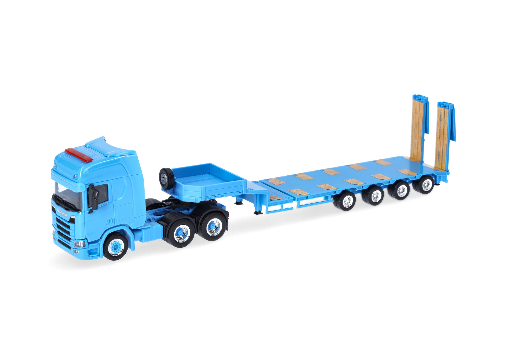Scania CR 20 HD semi low boy semitrailer with ramps, light blue