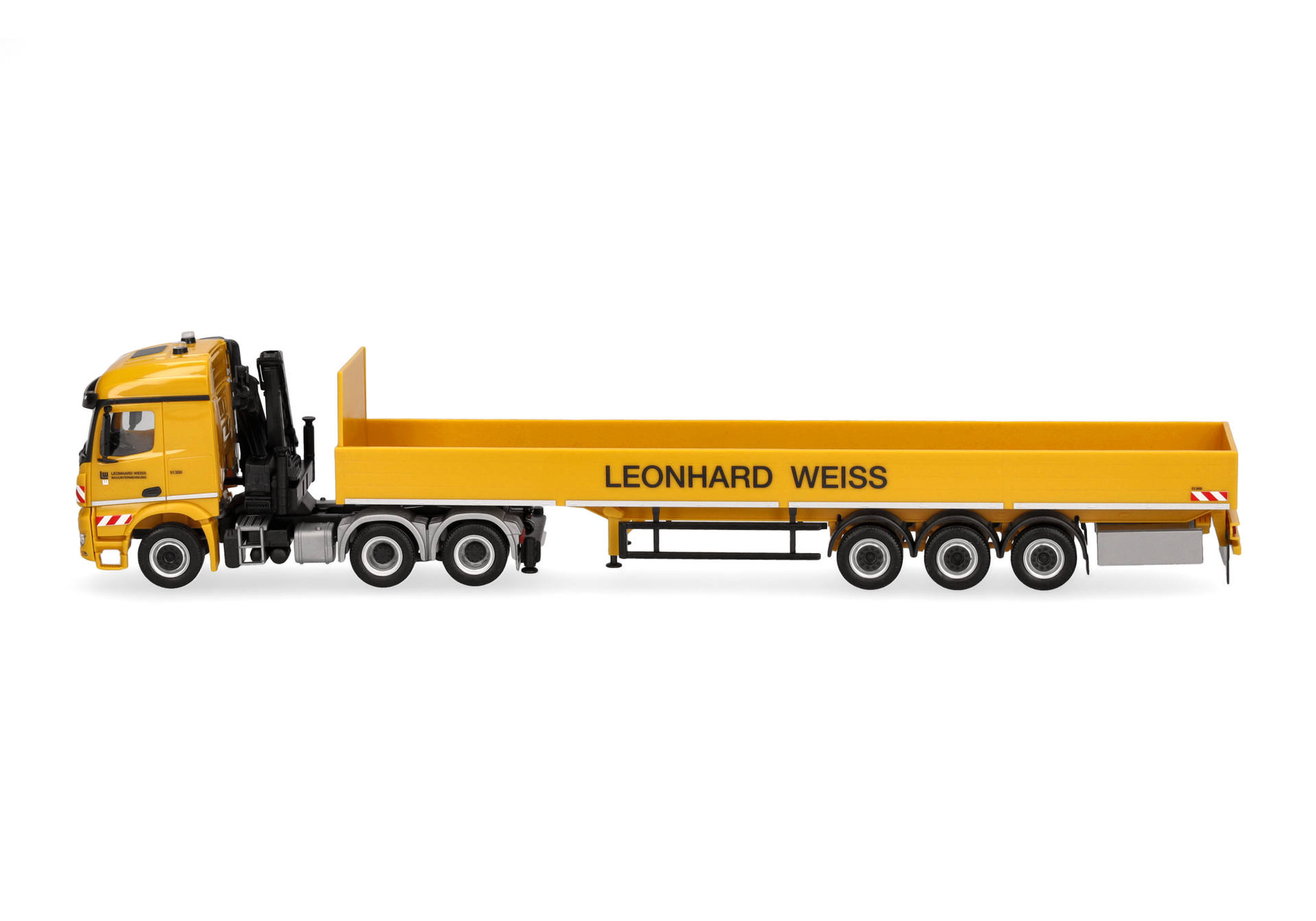 Mercedes Benz Arocs Streamspace (with crane) platform semitrailer truck "Leonhard Weiss"