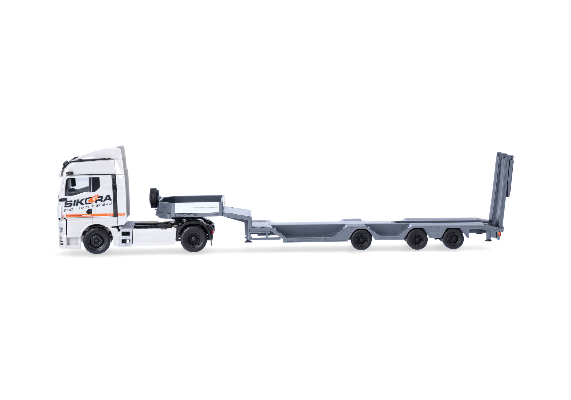 semi-truck, trailer, low-loader, grey, cab