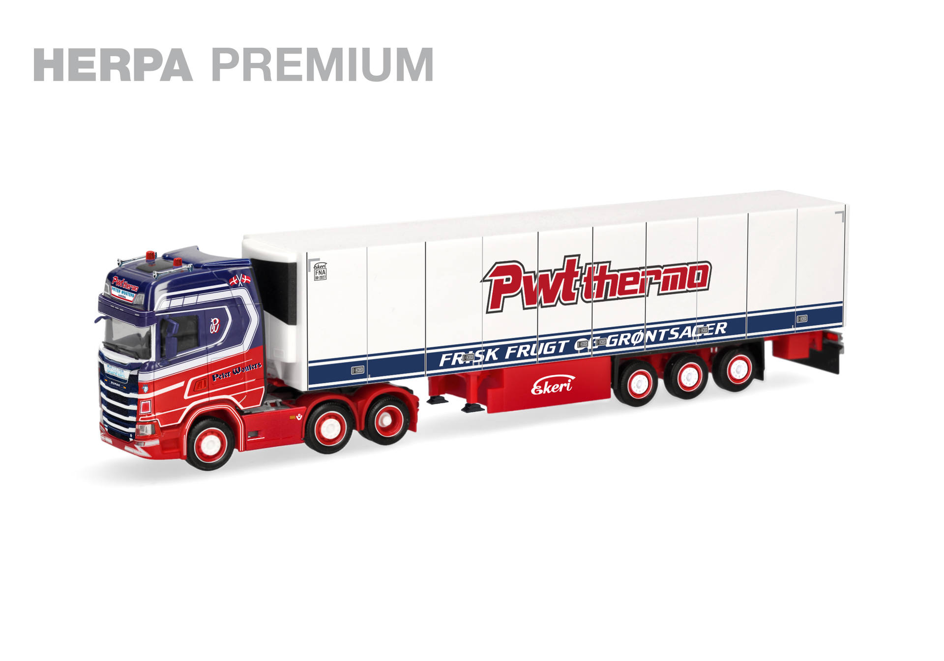 toy truck, semi truck, trailer, red blue white, model vehicle