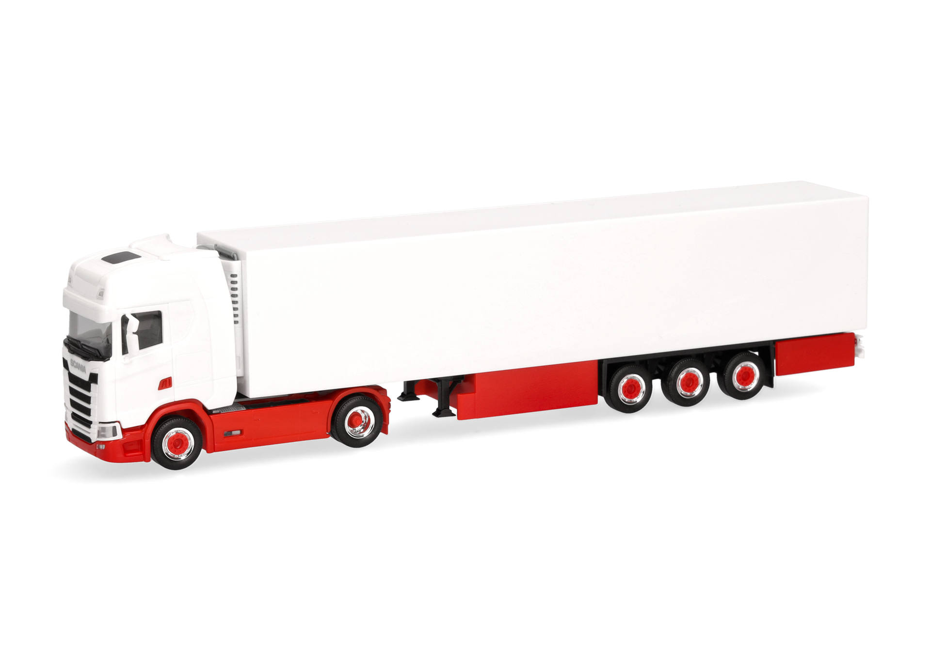 Scania CS 20 HD refrigerated box semitrailer, weiß/rot