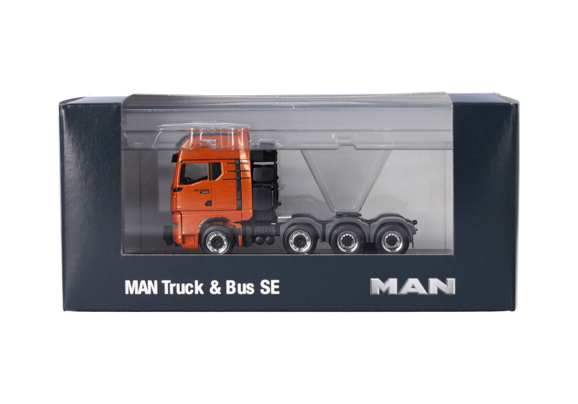 truck model, scale model, orange cab, dump truck, MAN branding, truck, model, semi-trailer, orange, scale model