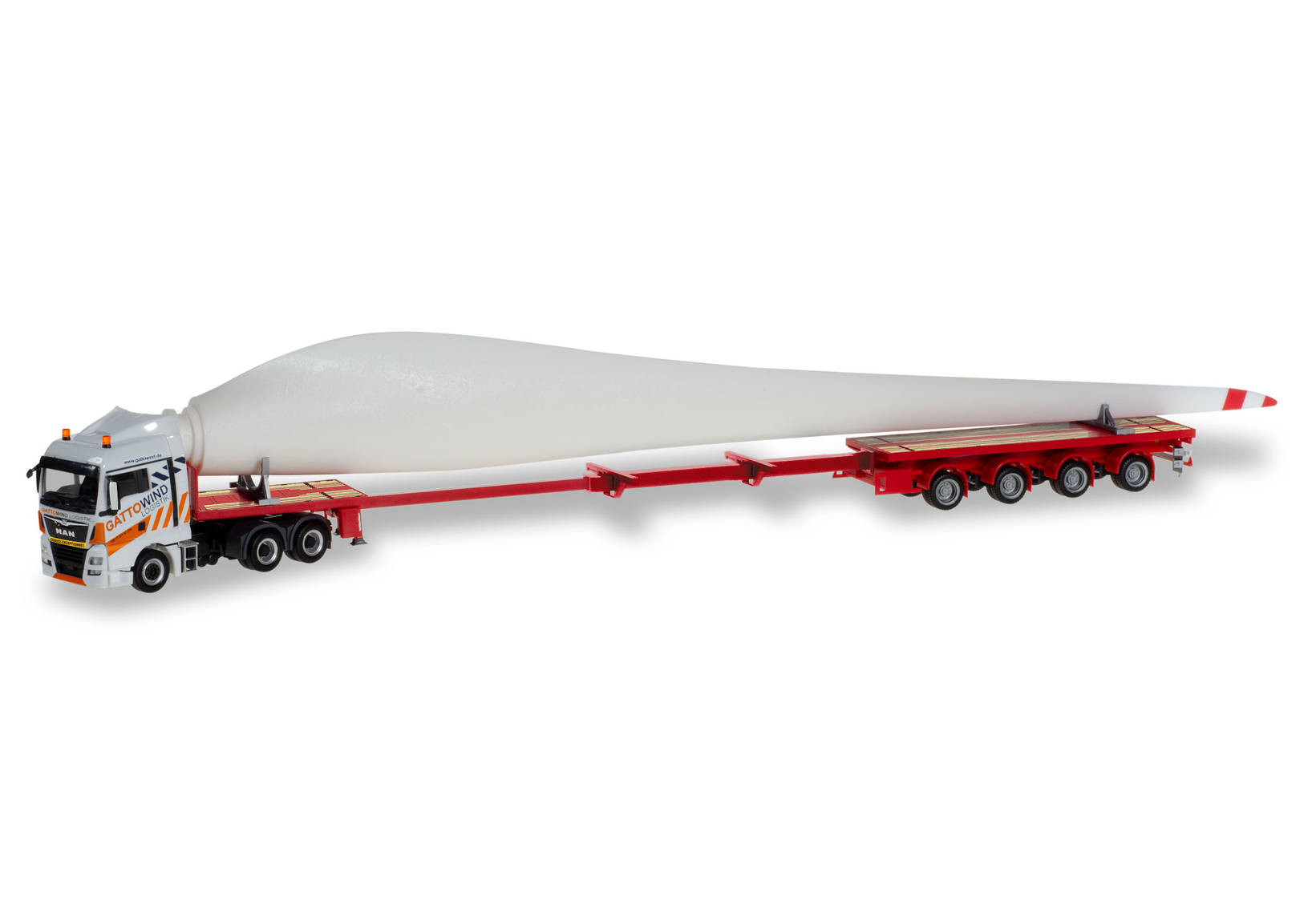 MAN TGX XLX teletrailer truck with wind turbine wing "Gatto Wind"