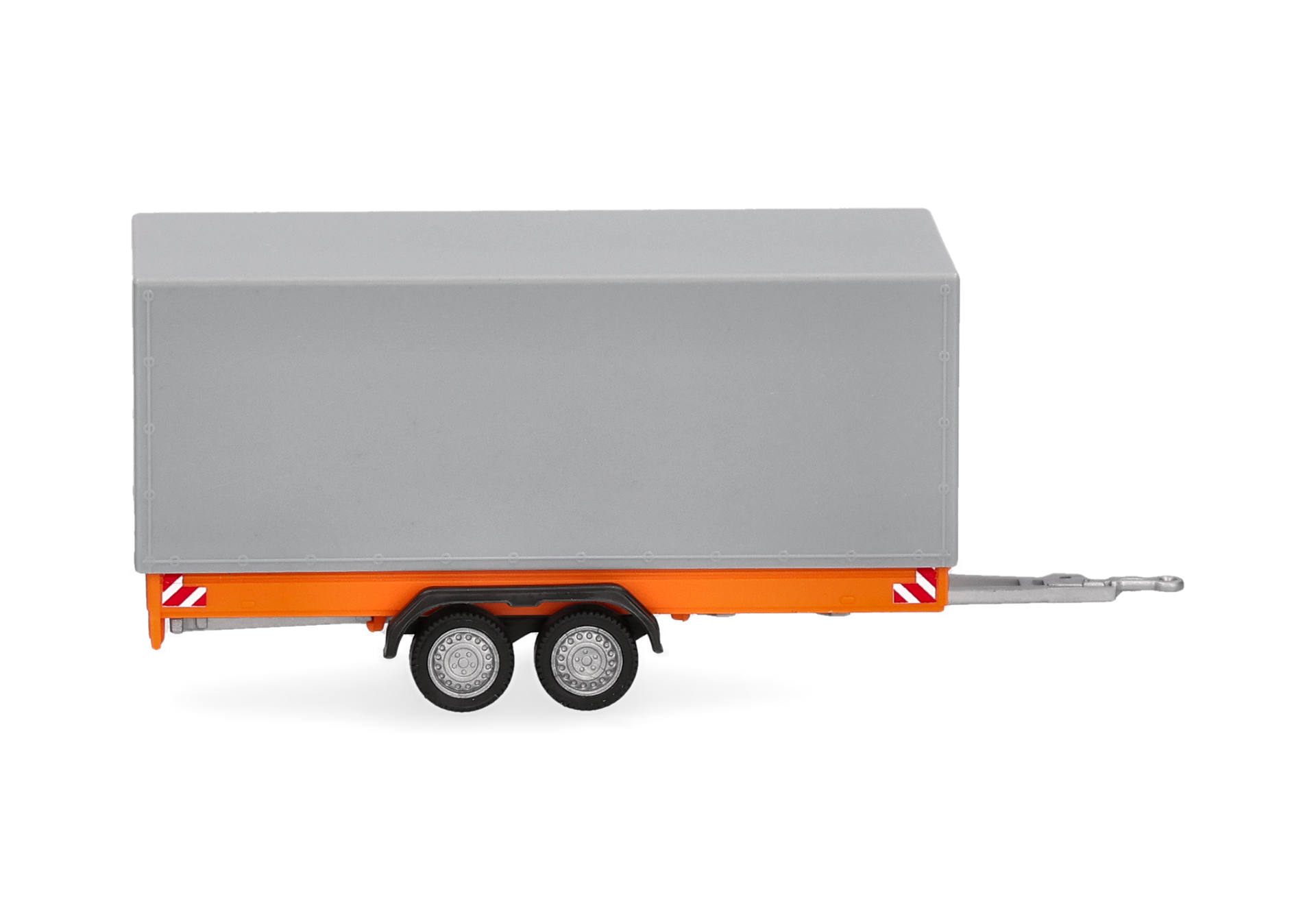 truck trailer, orange chassis, gray container, two-axle, flatbed trailer