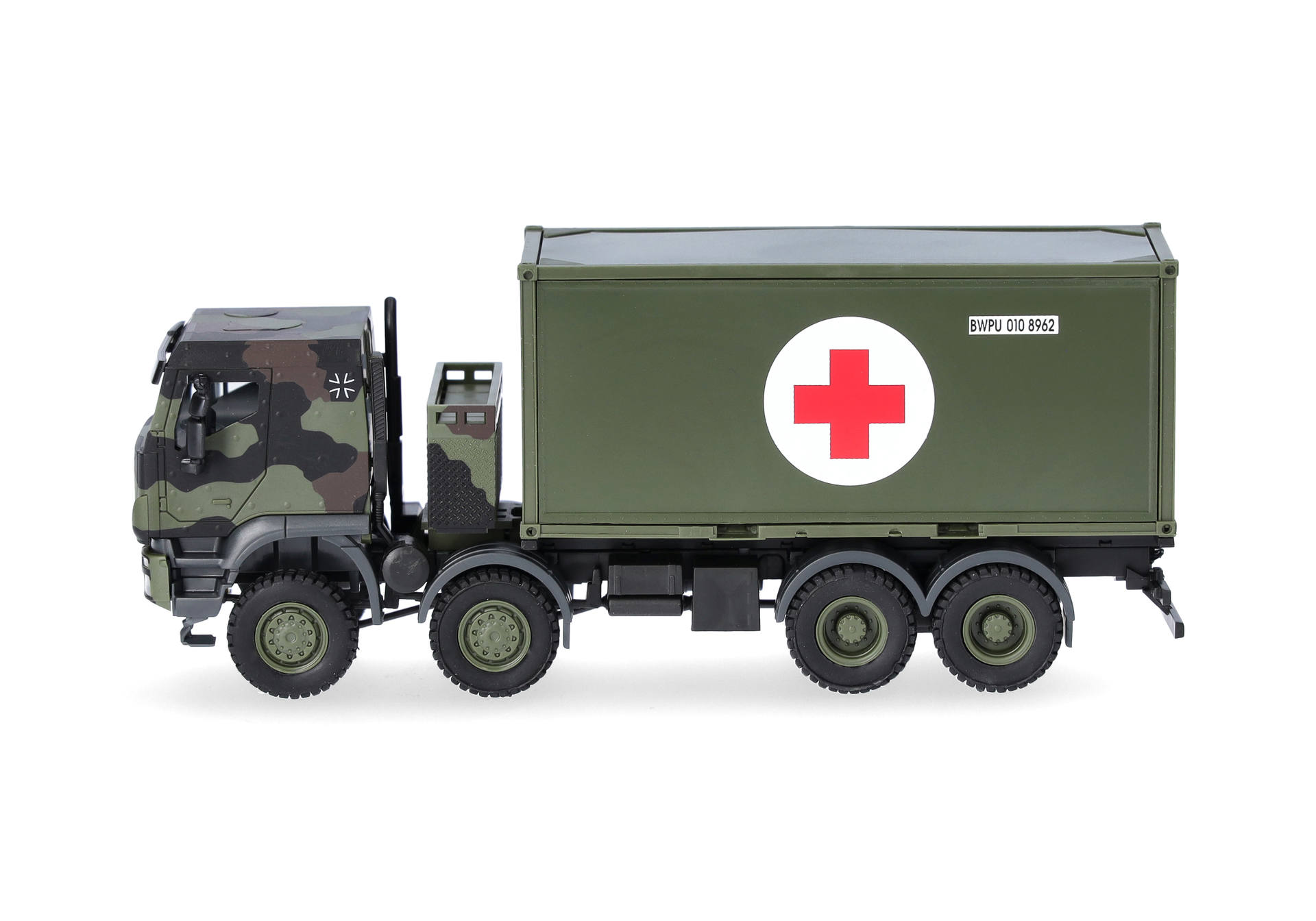 military truck, camouflage, medical trailer, green container, land vehicle