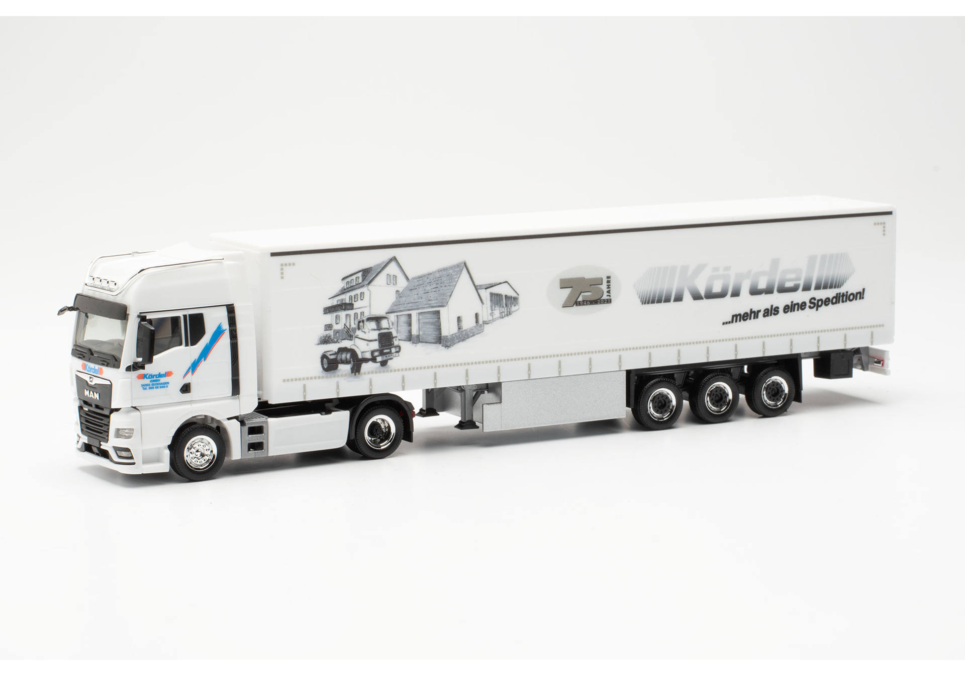 MAN TGX GX curtain canvas semitrailer "Kördel/75 Jahre"