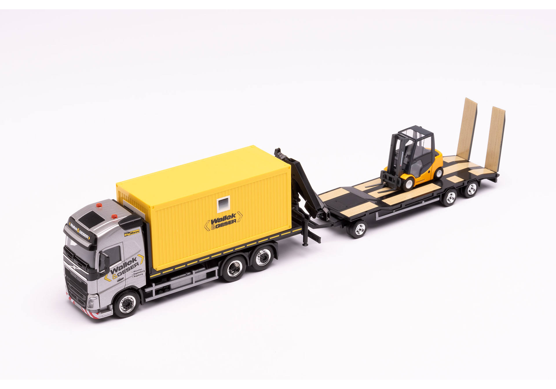 Volvo FH Gl. flat truck with container and crane and Goldhofer TU3 with fork lift „Wallek & Geser“
