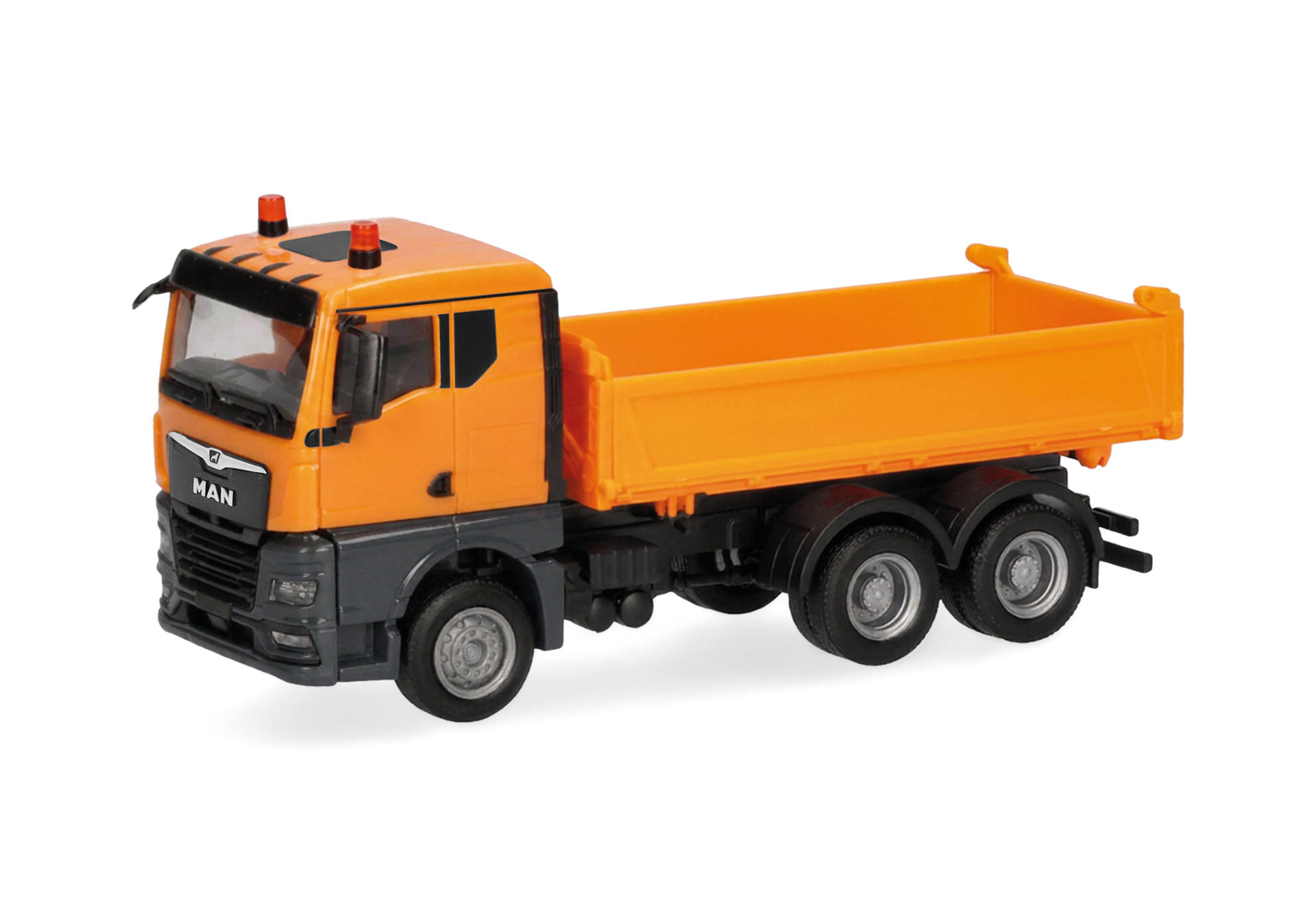 dump truck, toy, orange, six-wheeled, cargo bed