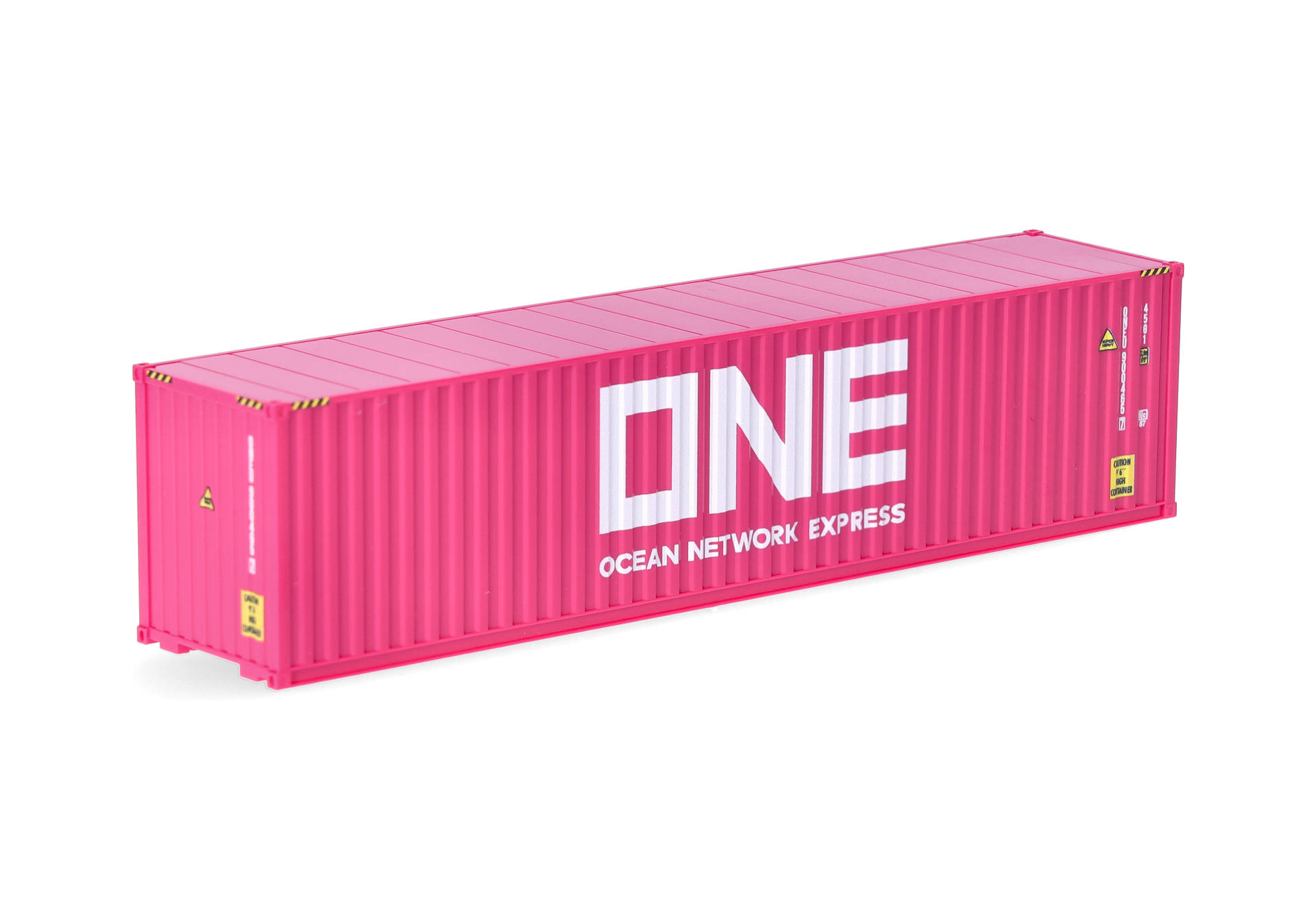 shipping container, shipping container pink, ONE container, bright pink, orange safety decals