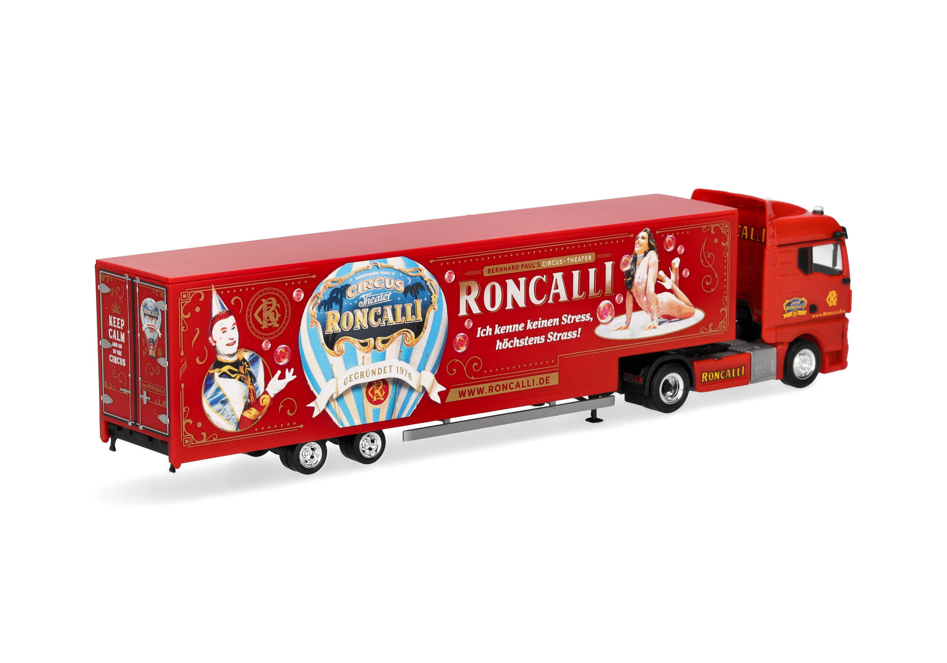 red truck, trailer, circus theme, Roncalli, artistic wrap