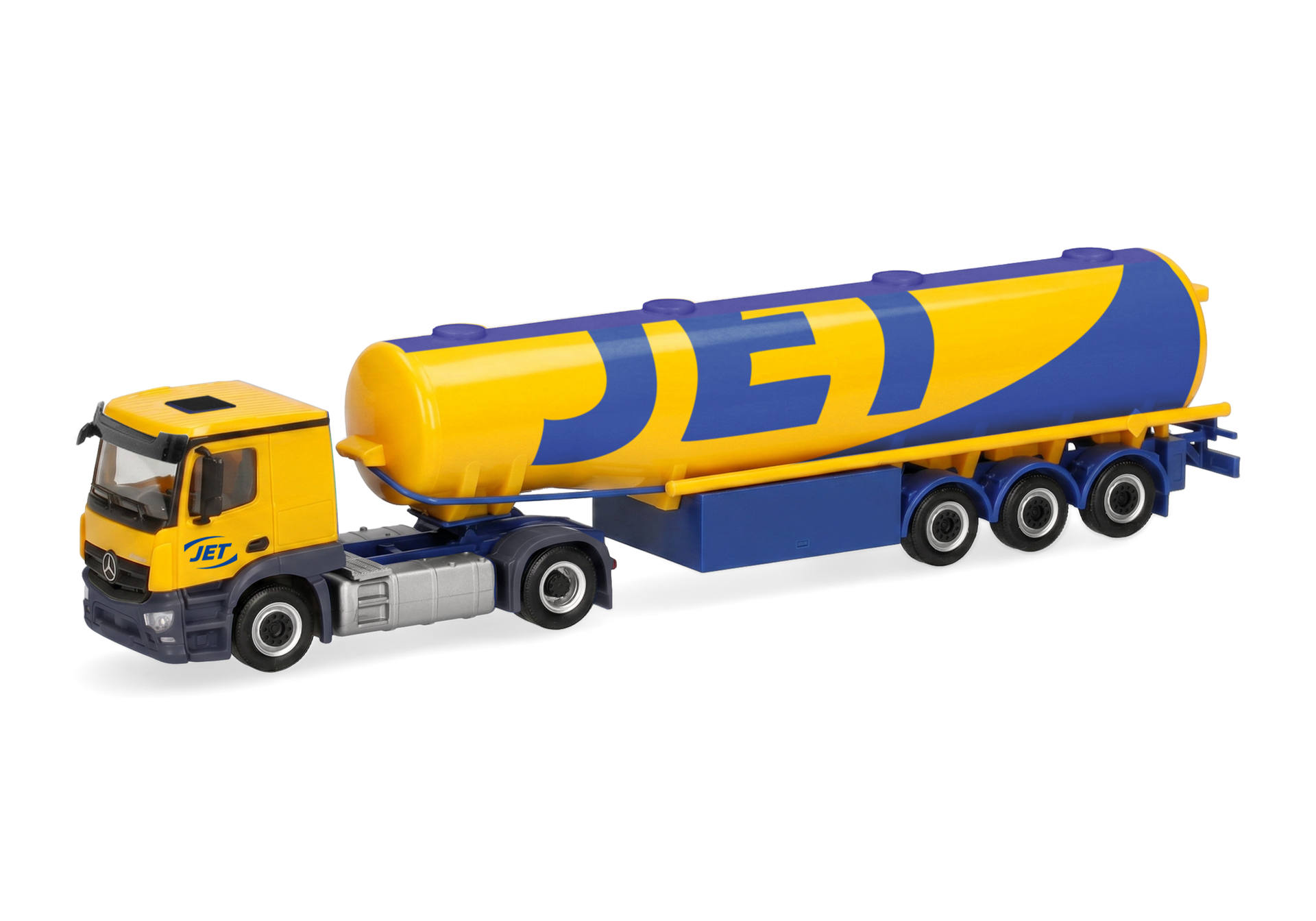 toy truck, cement mixer, construction toy, blue yellow, 3-axle trailer