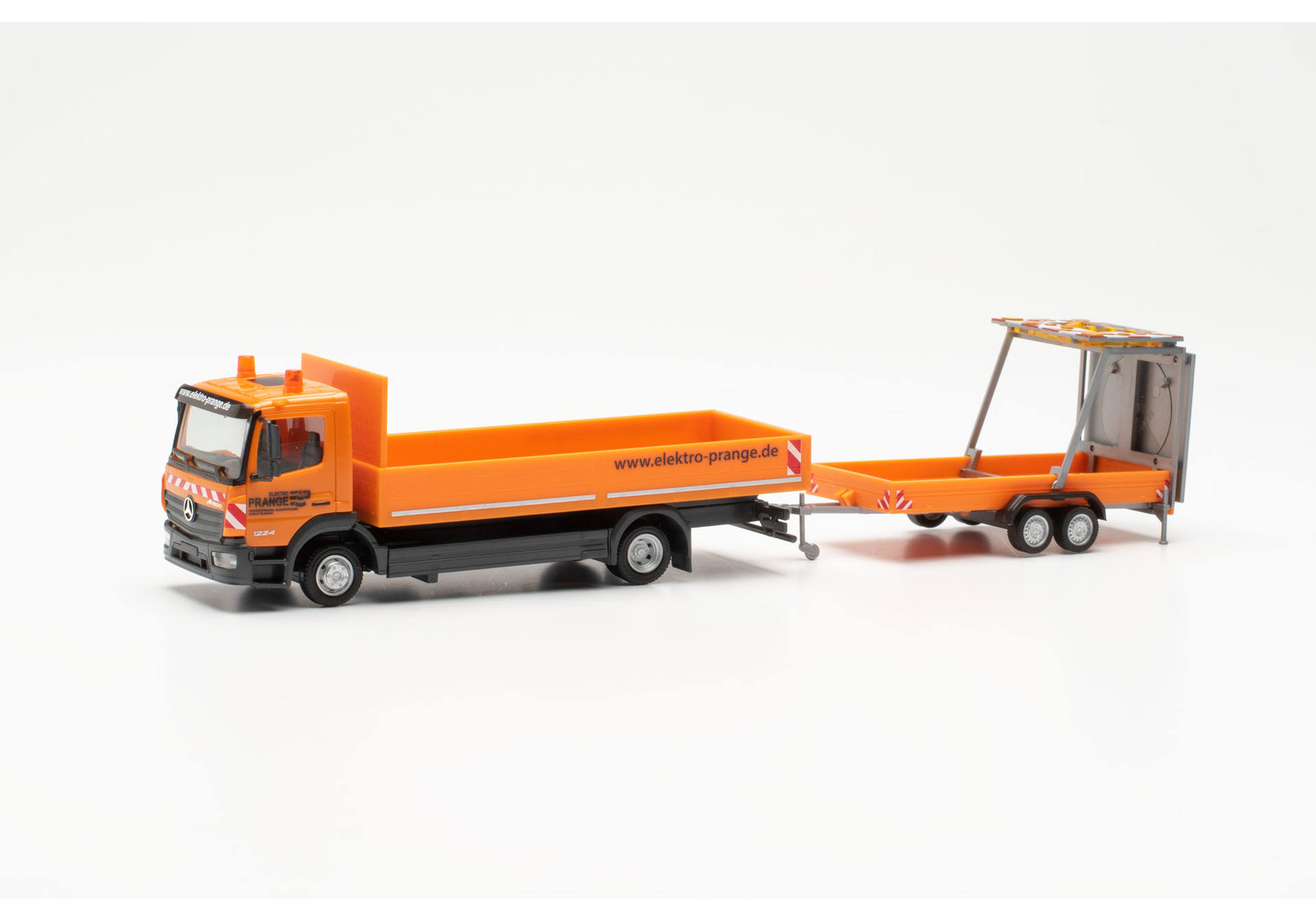 Mercedes-Benz Atego 13 flat-bed truck 3axles with traffic safety trailer "Elektro Prange"