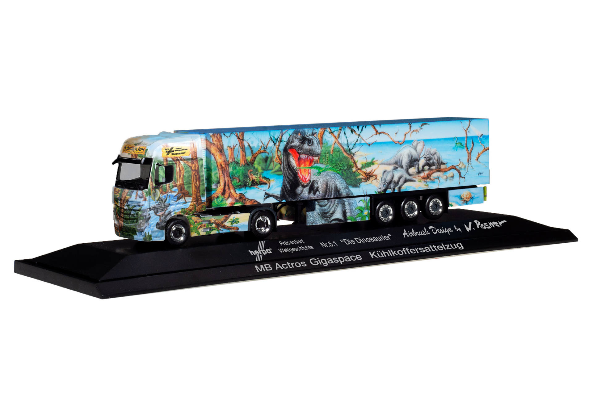 Mercedes-Benz Actros Gigaspace Kühlkoffer-Sattelzug "Herpa Weltgeschichte Nr. 5.1, Die Dinosaurier" (NRW / Würselen)