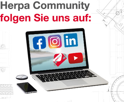 Herpa Community. Folgen Sie uns: Laptop vor Bauplan mit facebook, instagram, LinkedIn, Newsletter und Youtube Icons