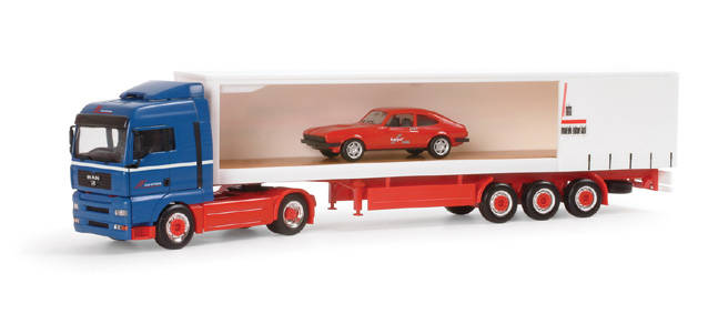 MAN TGA XLX Gardinenplanen-Sattelzug "Riwatrans mit Ford Capri"