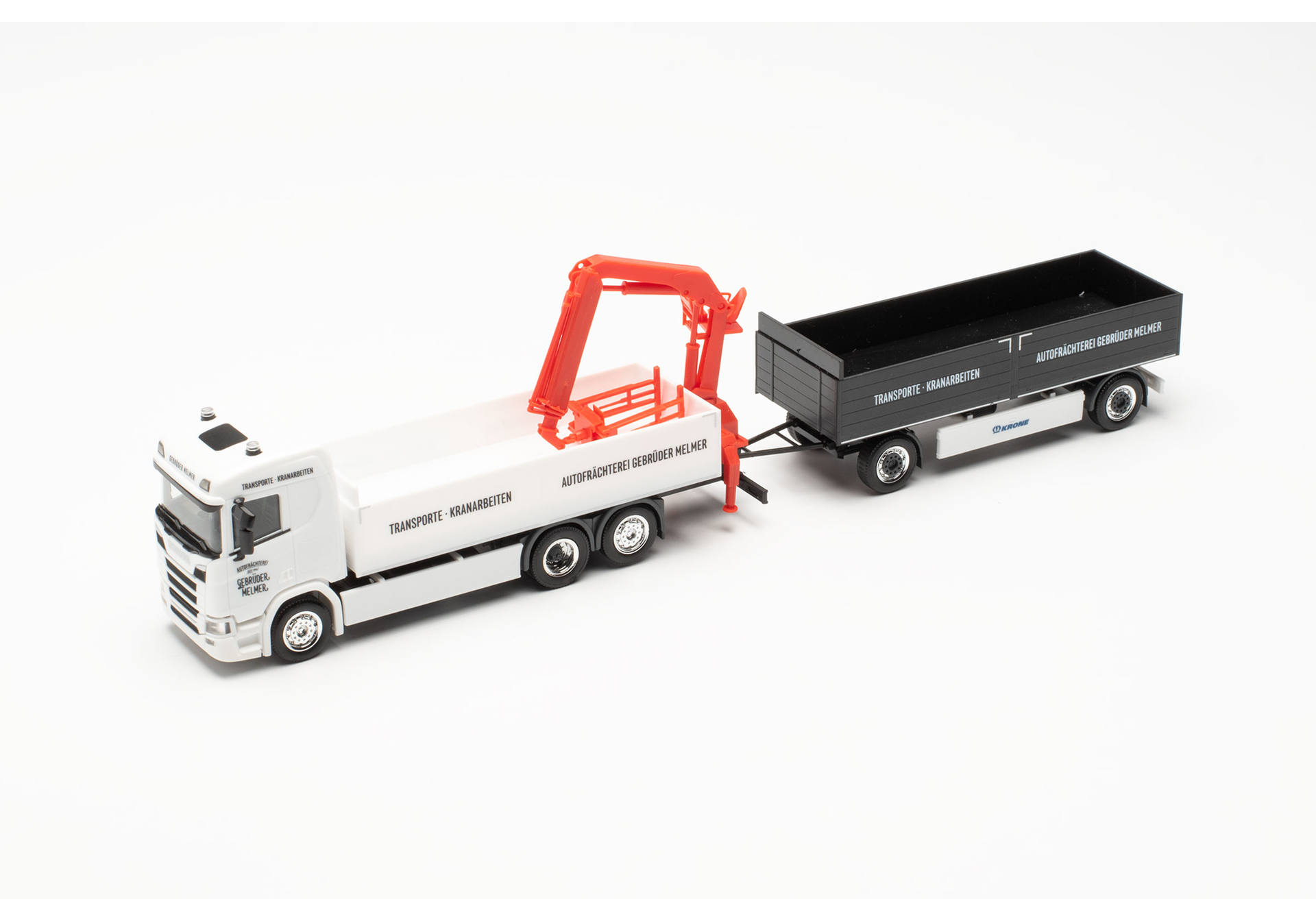 Scania CR 20 ND flat bed trailer truck with loadingcrane „Gebrüder Melmer“ (Austria/Imst)