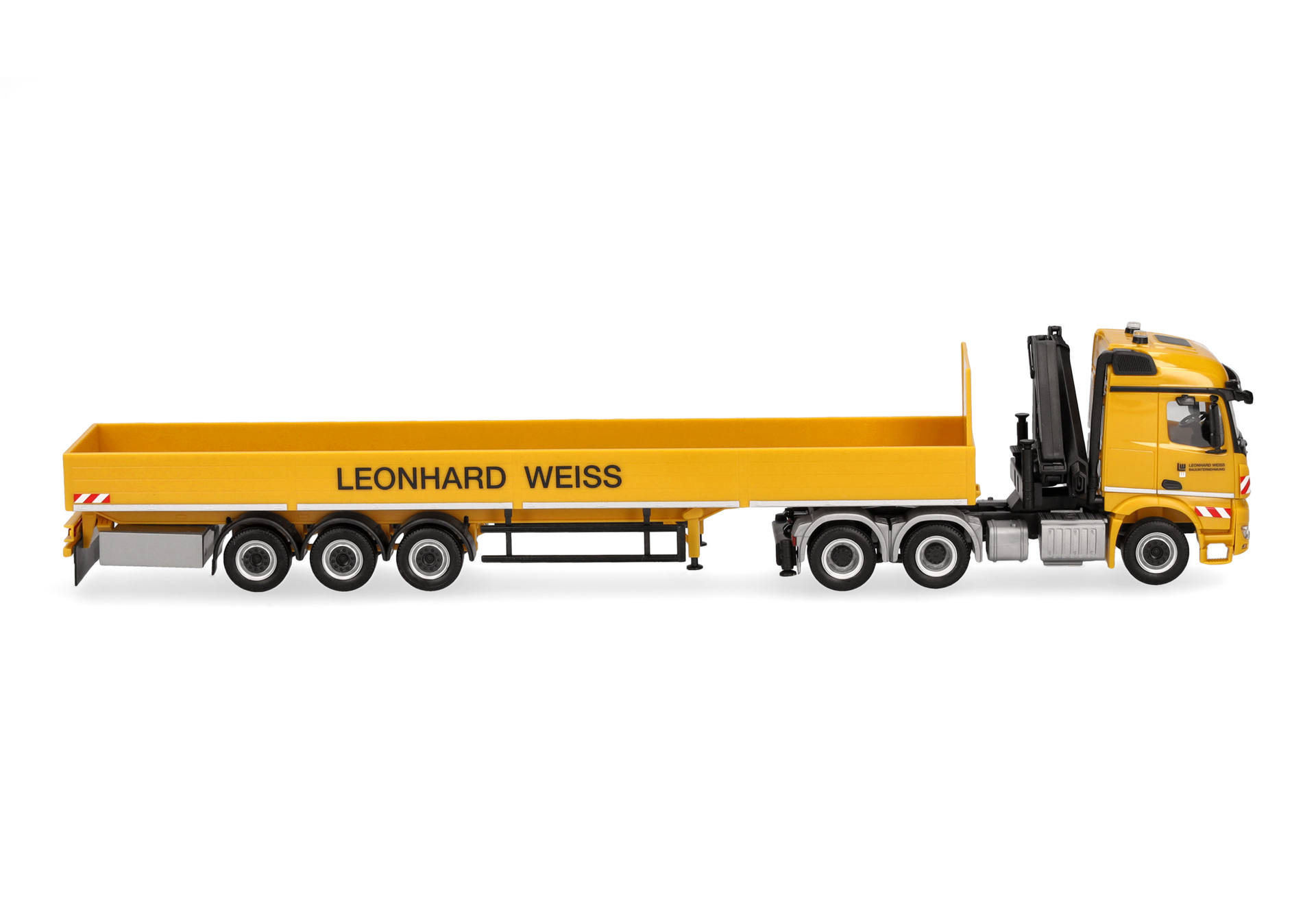 Mercedes Benz Arocs Streamspace (with crane) platform semitrailer truck "Leonhard Weiss"