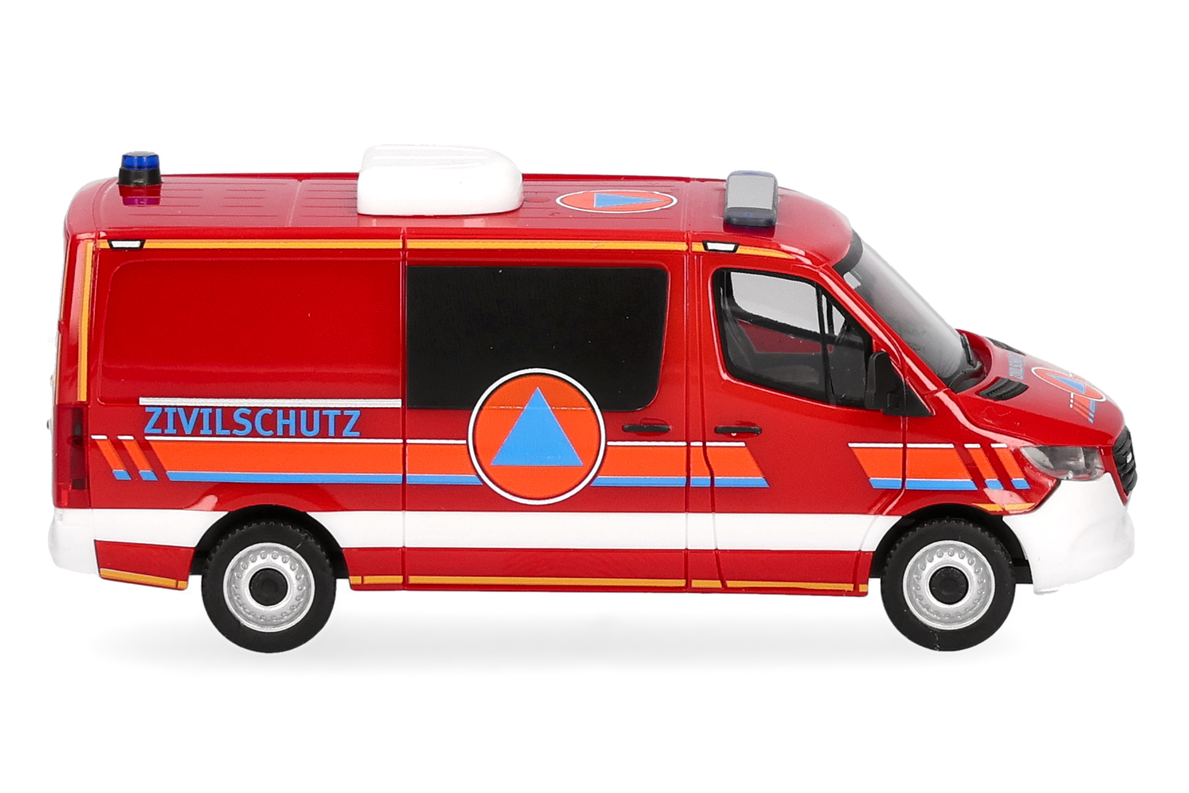 emergency van, ambulance, red vehicle, blue triangle symbol, windows, white stripe