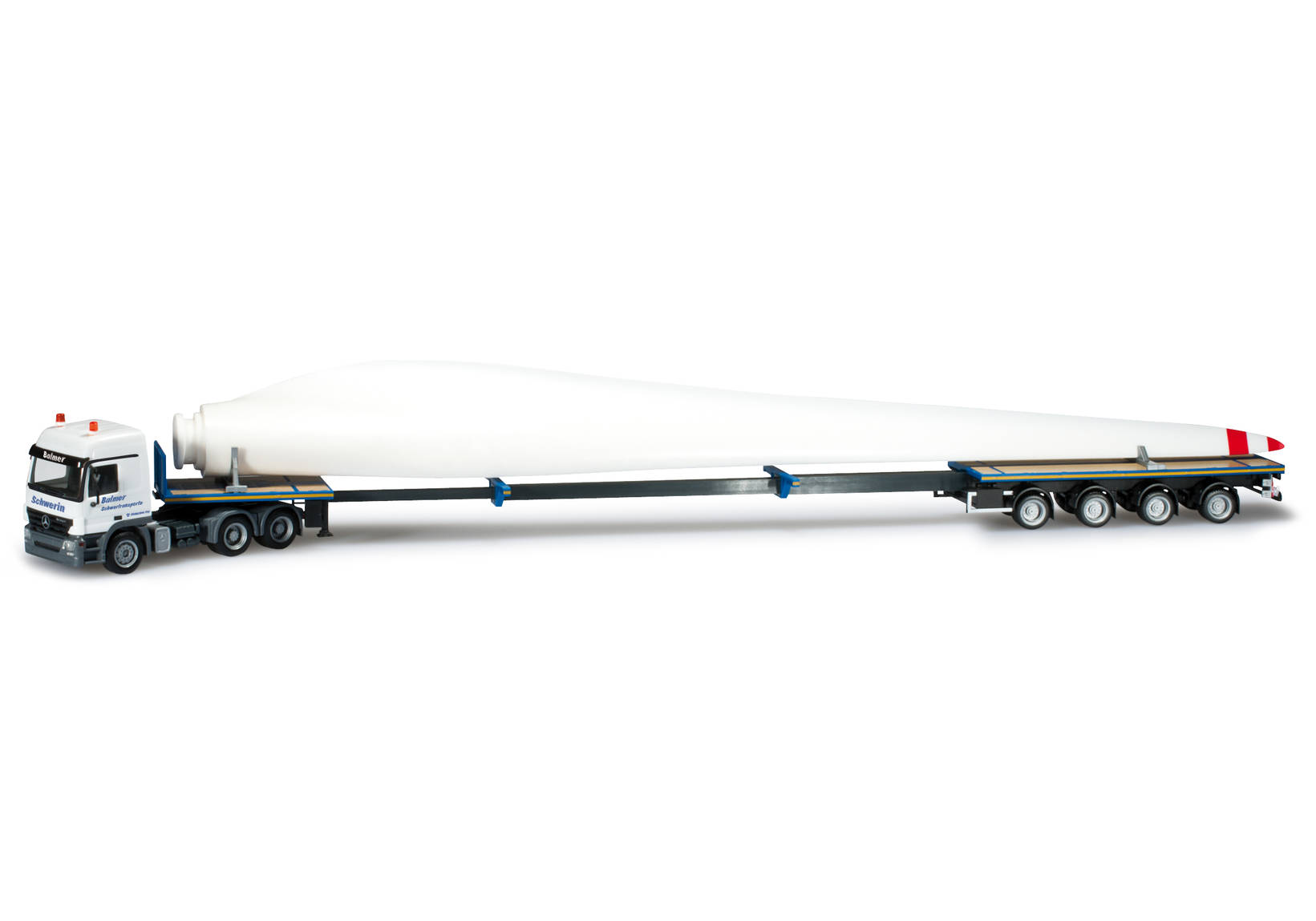 Set of three Mercedes-Benz teletrailer semitrailer with wind energy blades