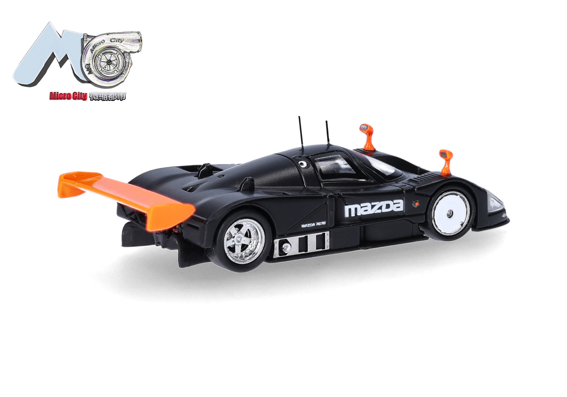 toy car, race car, Mazda, black, orange spoiler