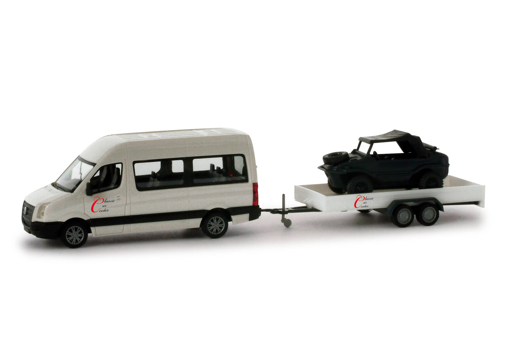 VW Crafter Bus mit Anhänger und VW Schwimmwagen