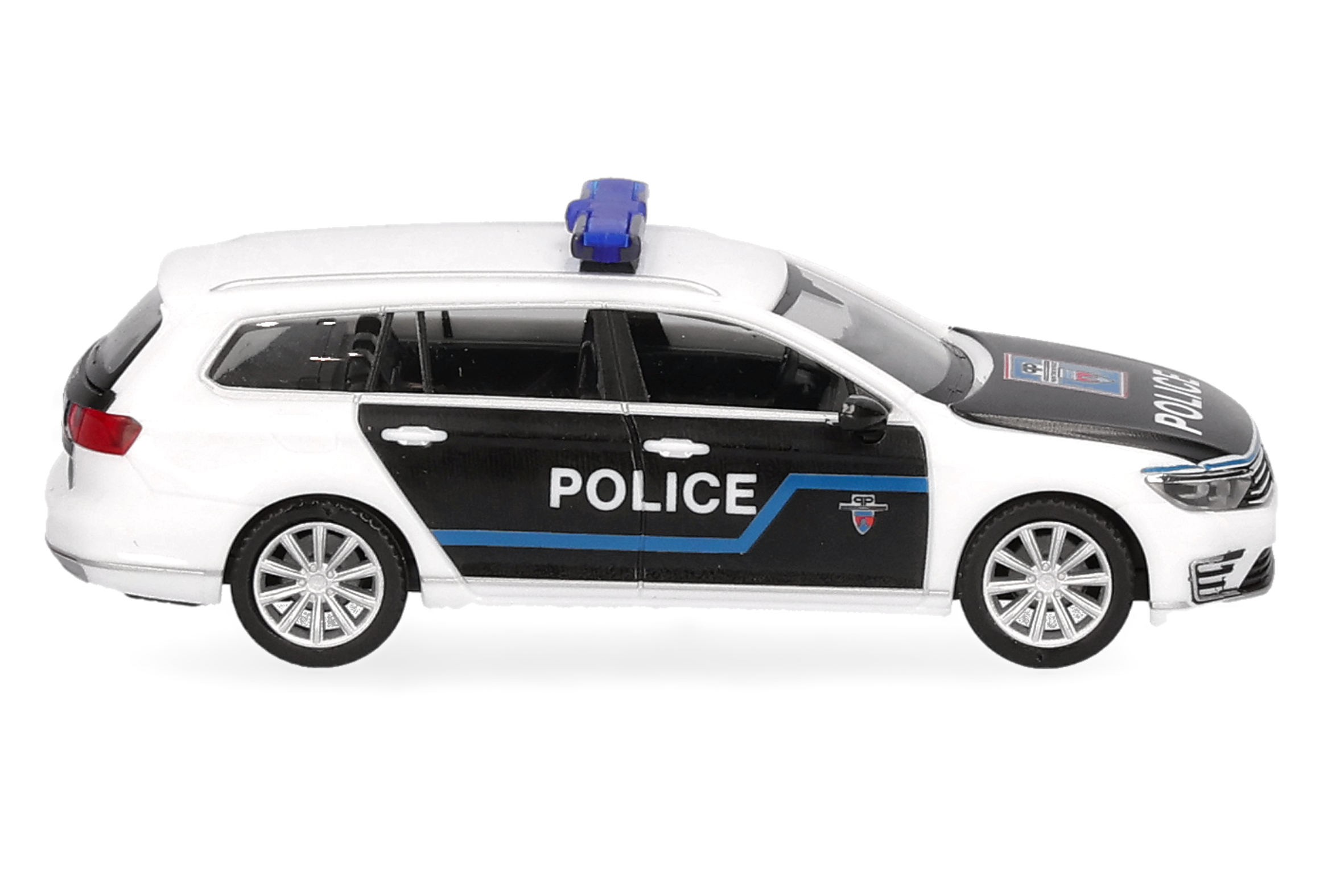 police car, toy car, black white, blue stripe, siren light