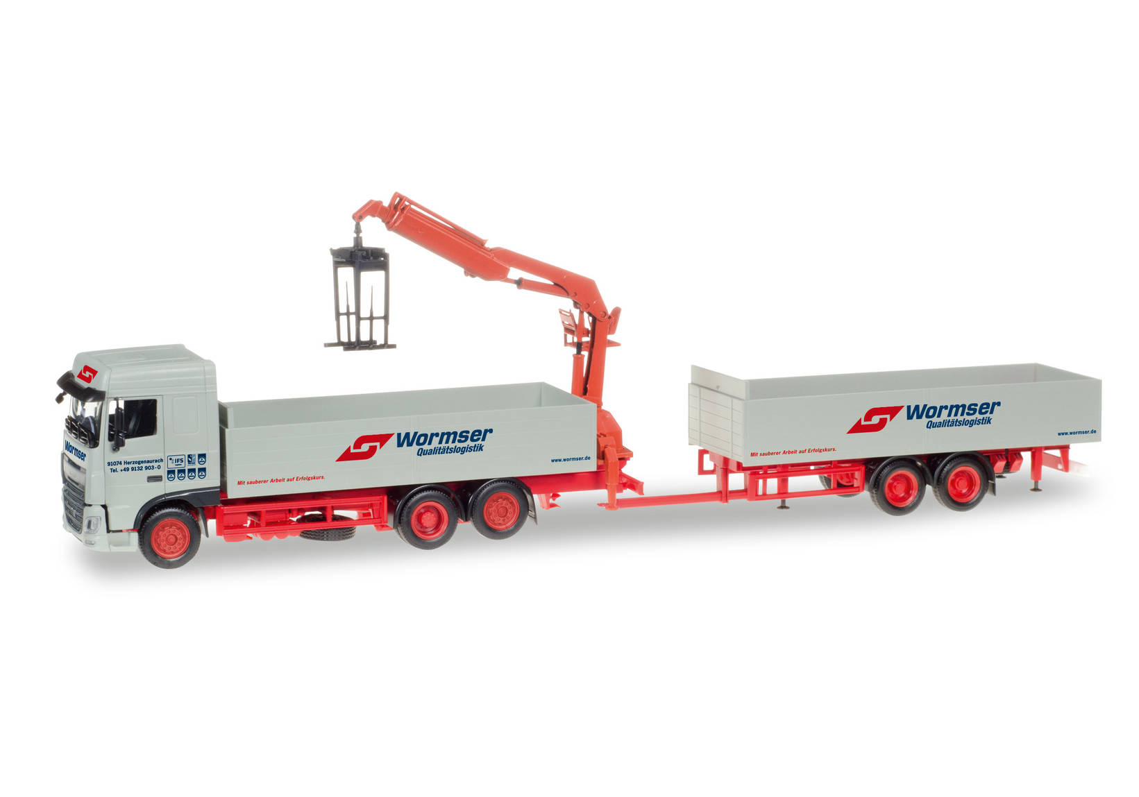 DAF XF SC Pritschen-Hängerzug mit Kran "Spedition Wormser"