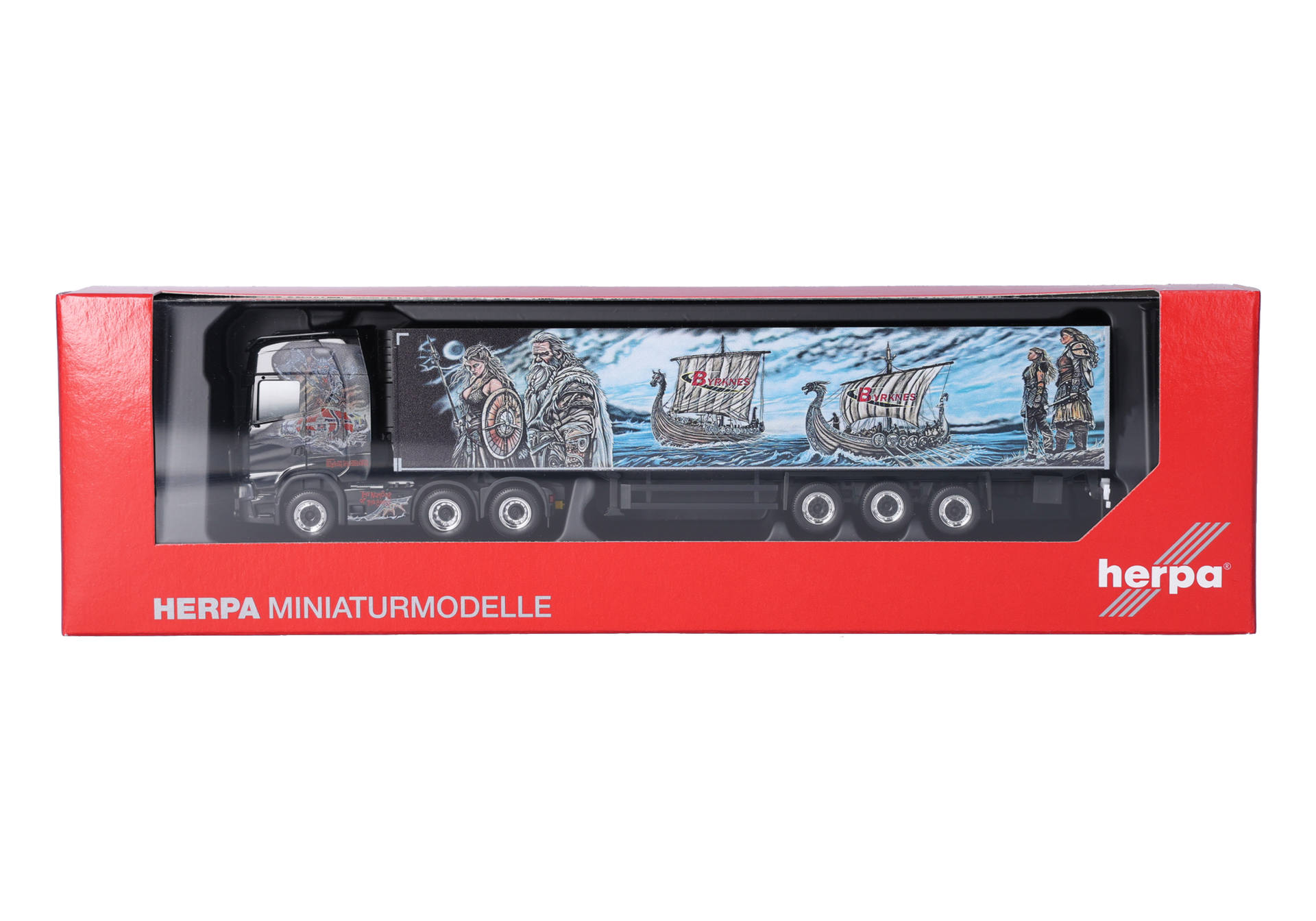 model truck, semi-trailer, artwork, ship scene, red box