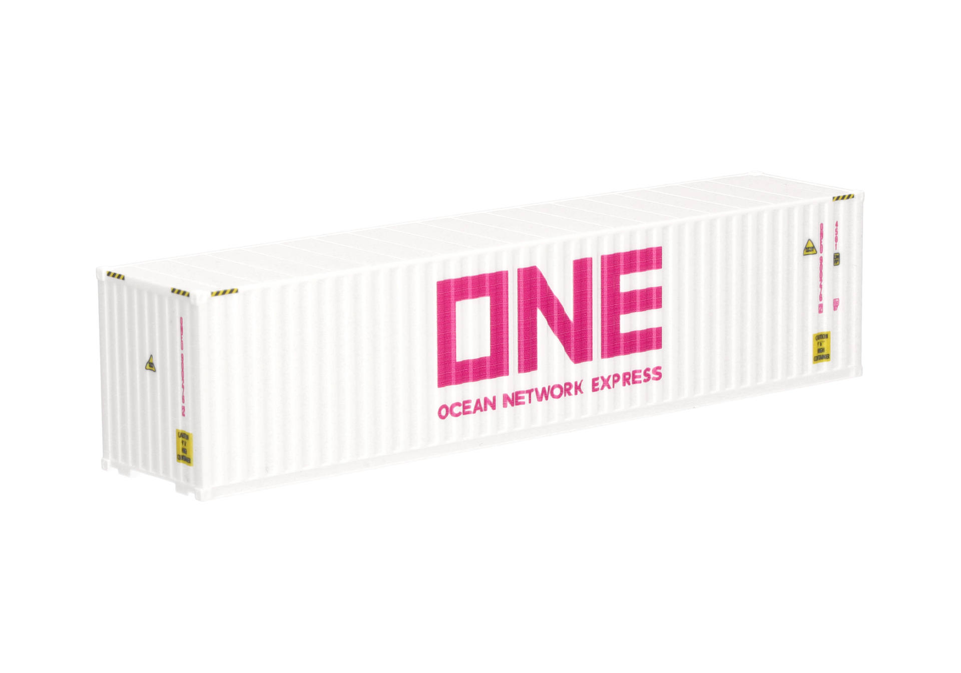 shipping container, white container, one logo, pink lettering, ocean network express
