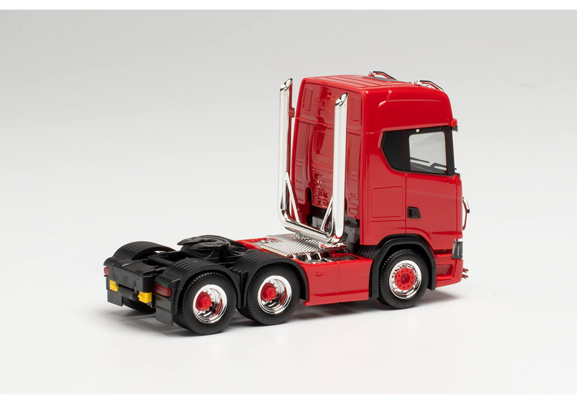 Scania CS 20 high roof 6×2 tractor with pipes, lamp bracket, fanfare, and impact protection, red