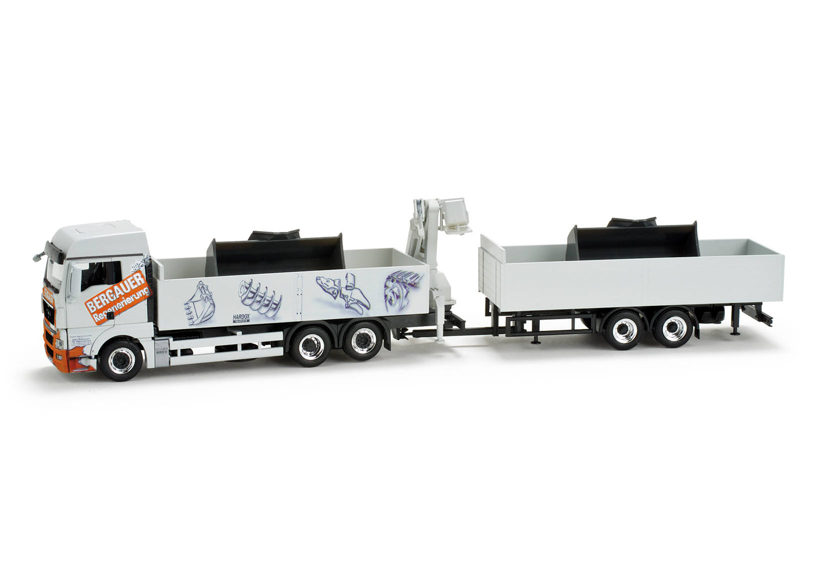 MAN TGX XLX Tandem-Pritschen-Hängerzug mit Ladekran und Ladegut "Bergauer"