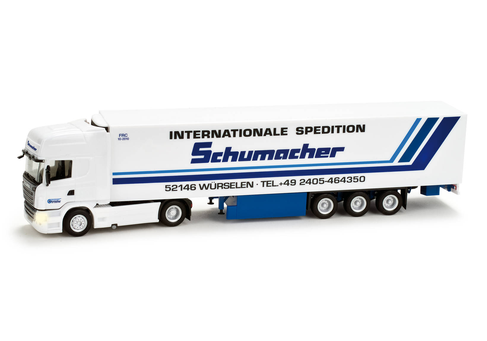 Scania R TL Kühlkoffer-Sattelzug "Schumacher", mit Beleuchtung und Fahrerfigur