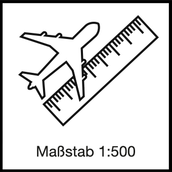 Vereinfachtes Icon eines Flugzeug und eines Lineals mit dem Schriftzug "Maßstab 1:500"