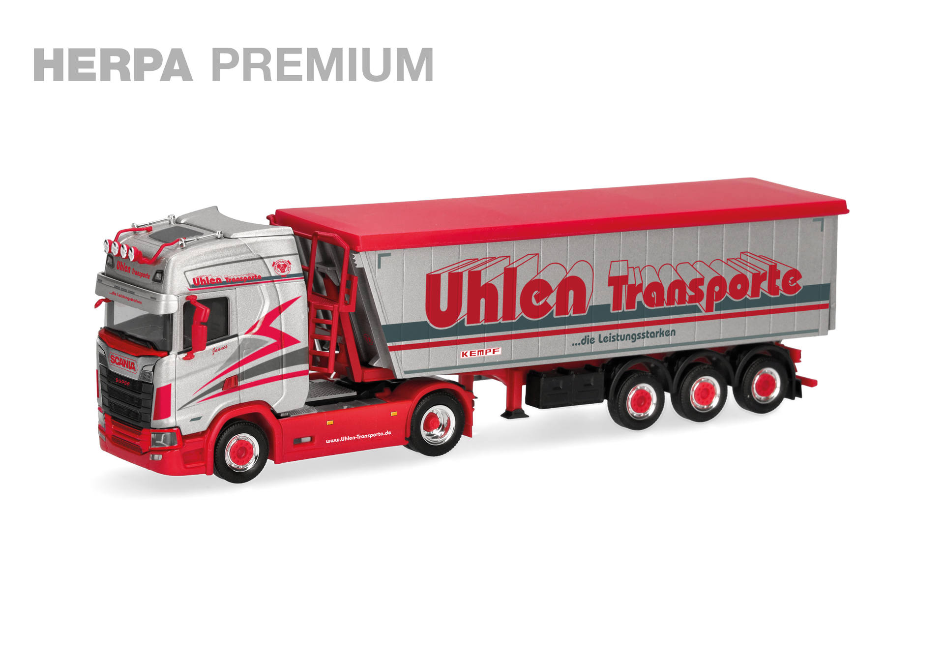 HERPA PREMIUM: "Uhlen Transporte" Scania CS 20 Hochdach Stöffelliner-Kippsattelauflieger