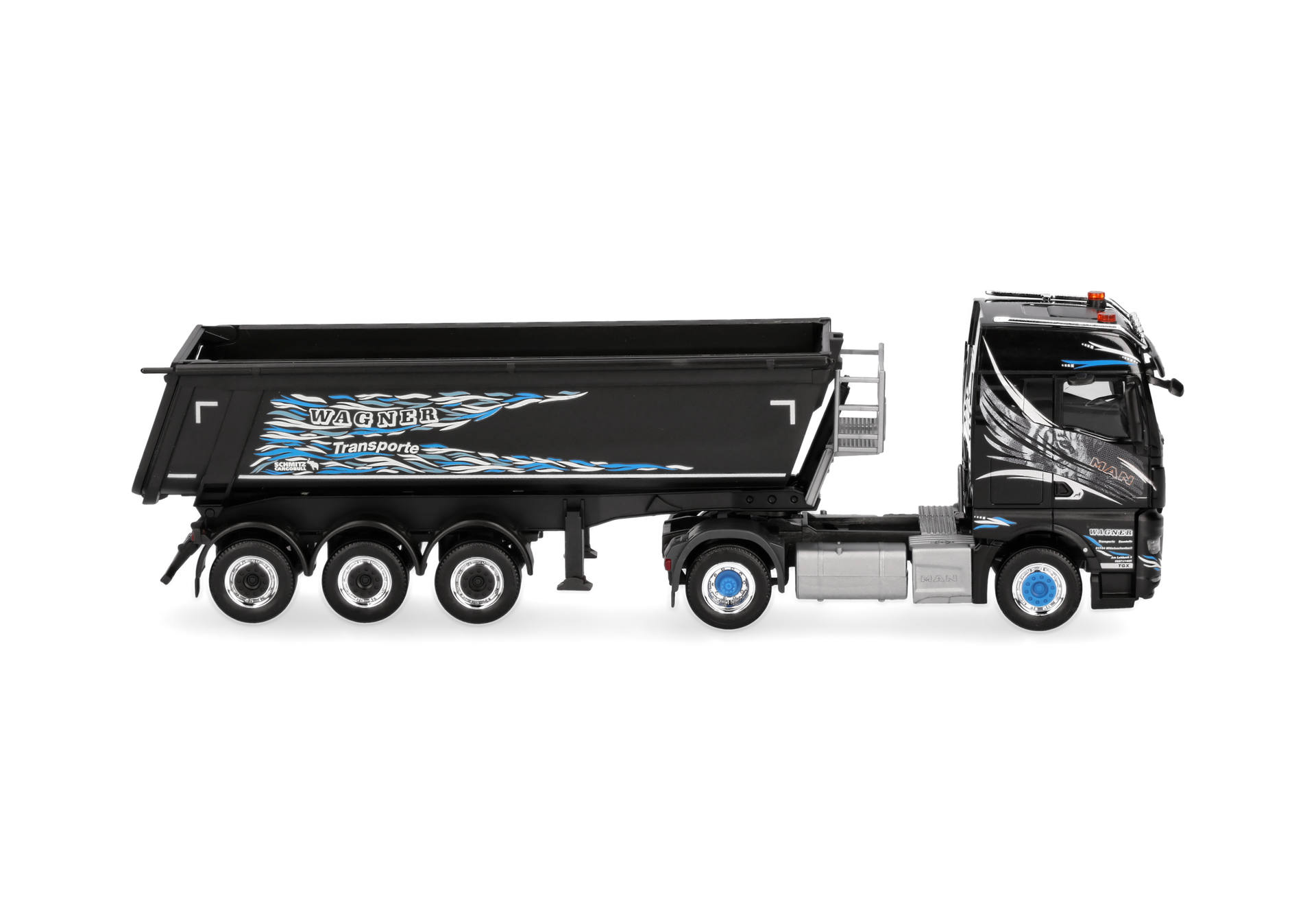 truck, dump truck, semi-trailer, black truck, graphic pattern