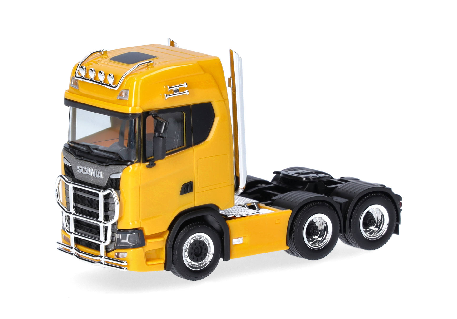 Scania CS 20 high roof rigid tractor with lamp bar and protection bar 3axles, broom yellow