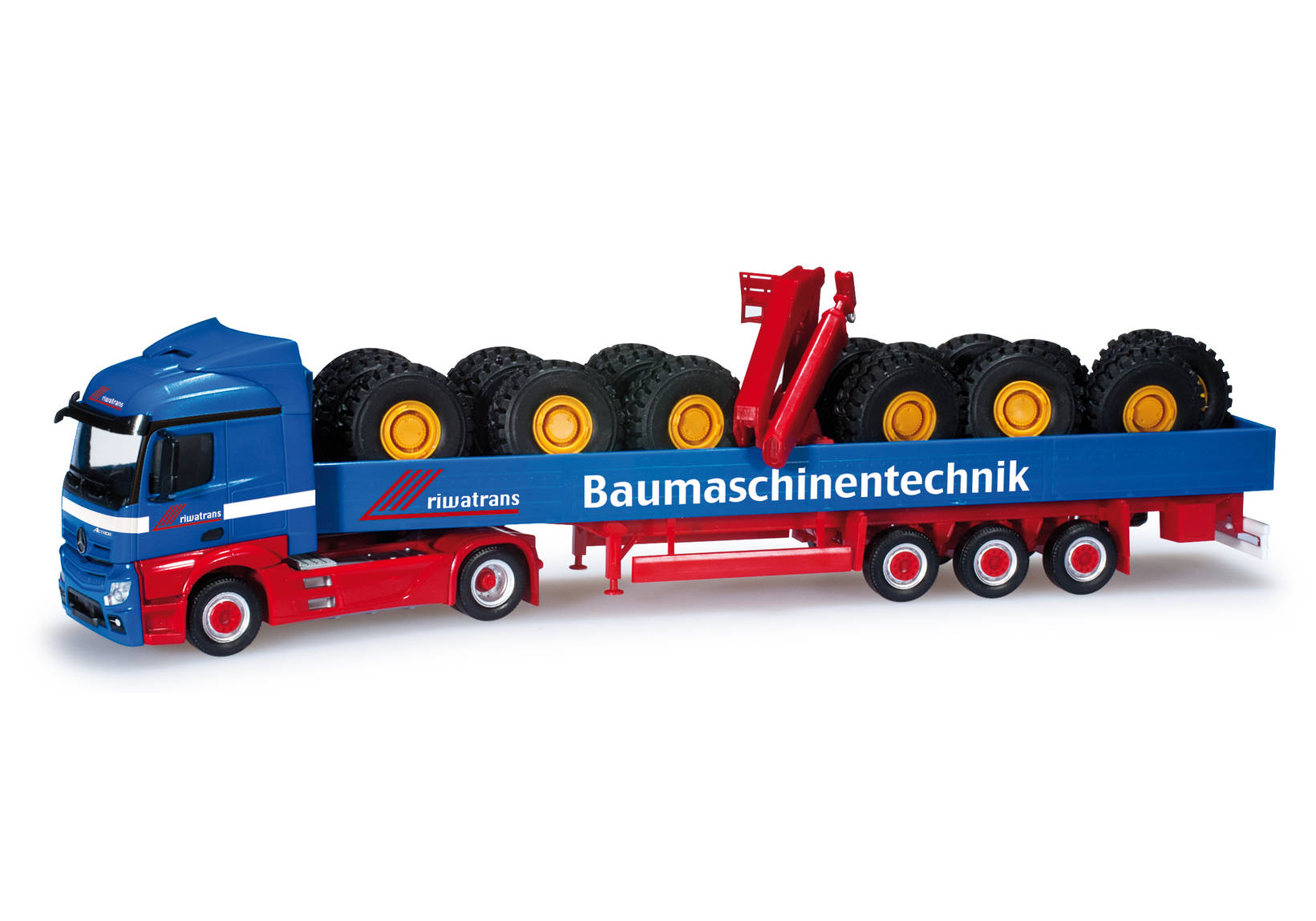 Mercedes-Benz Actros Streamspace semitrailer with platform with loader crane and load „Riwatrans“