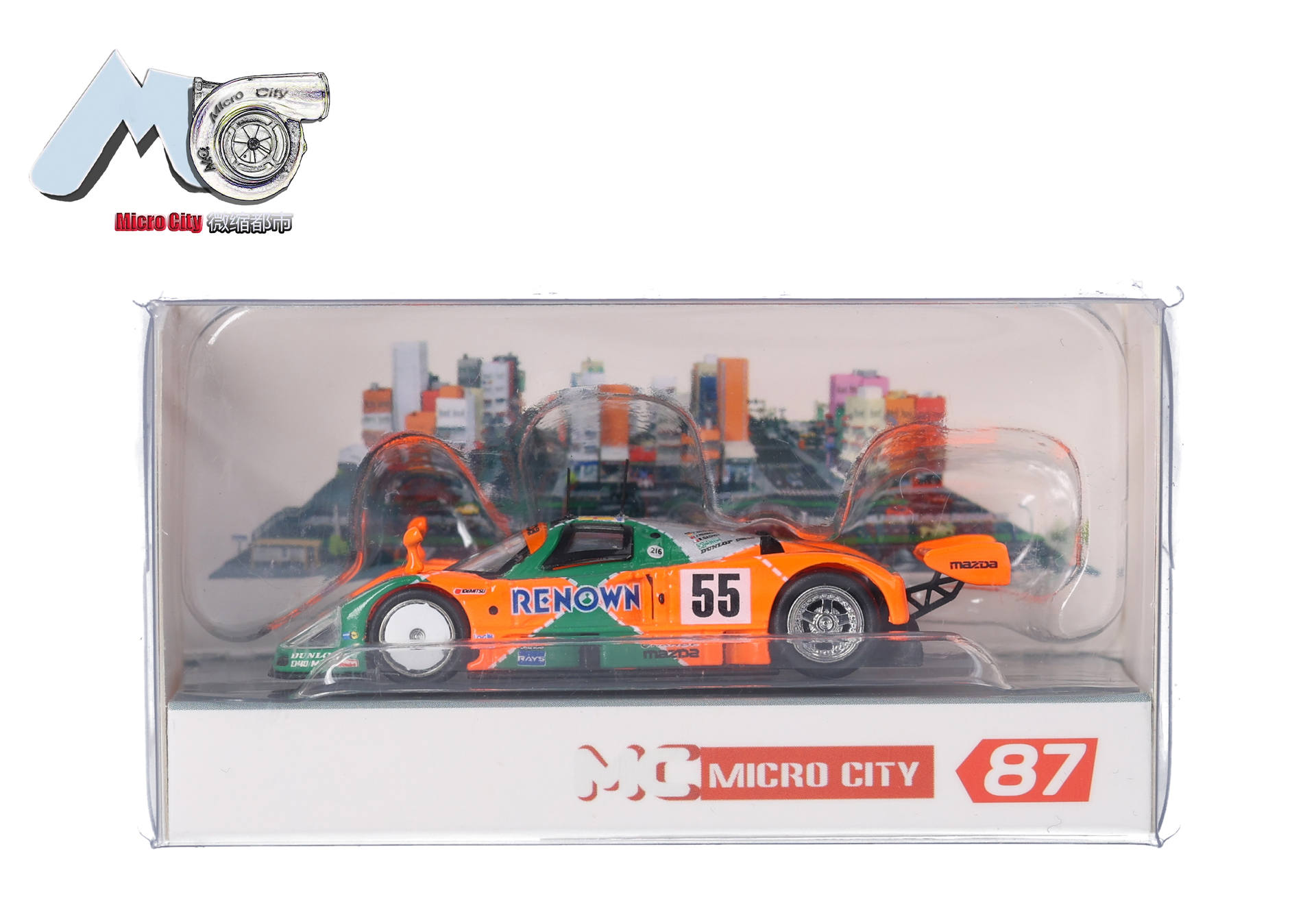diecast, race car, 88 scale, orange green, windowed box