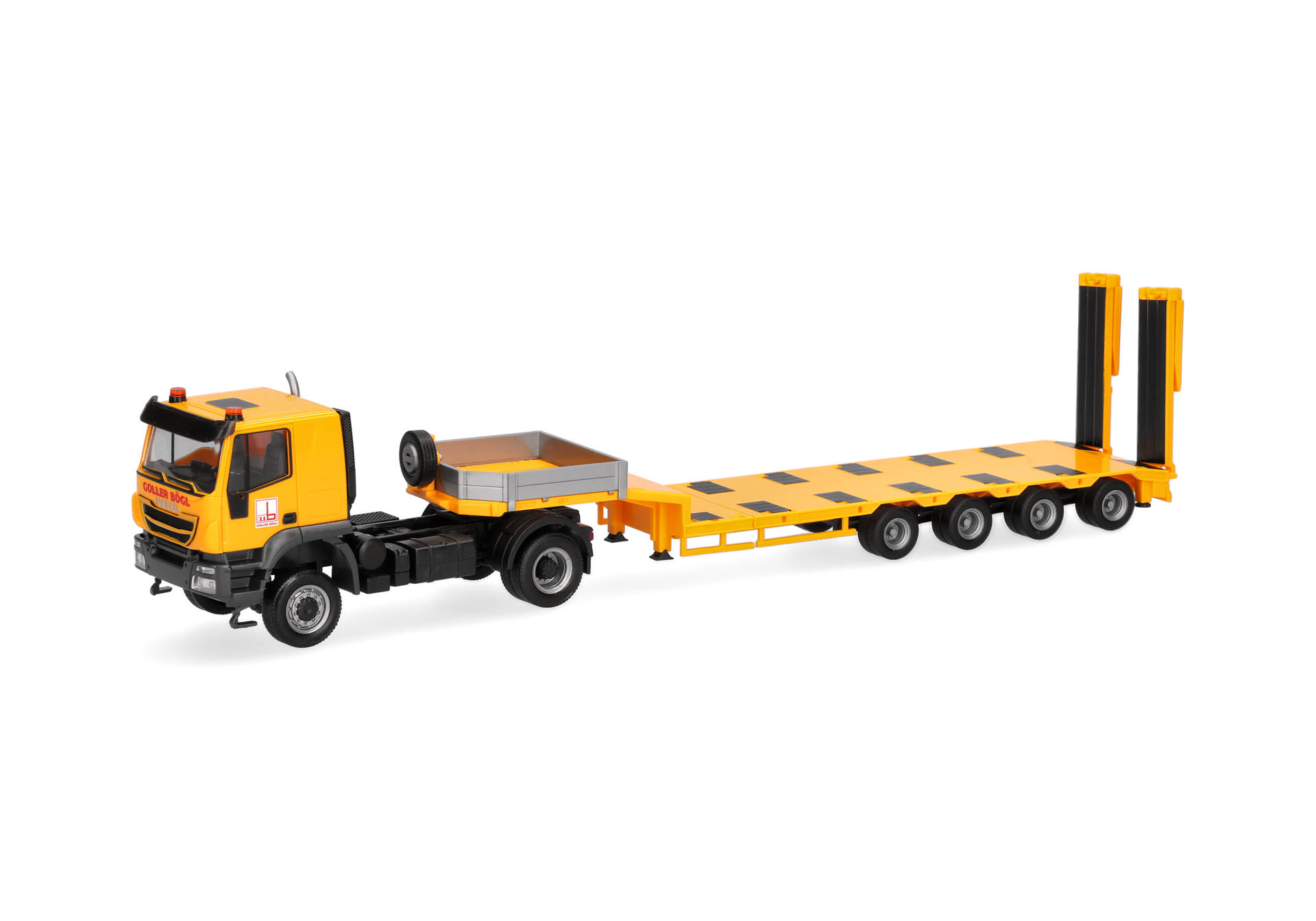 tow truck, flatbed trailer, construction truck, orange truck, toy vehicle