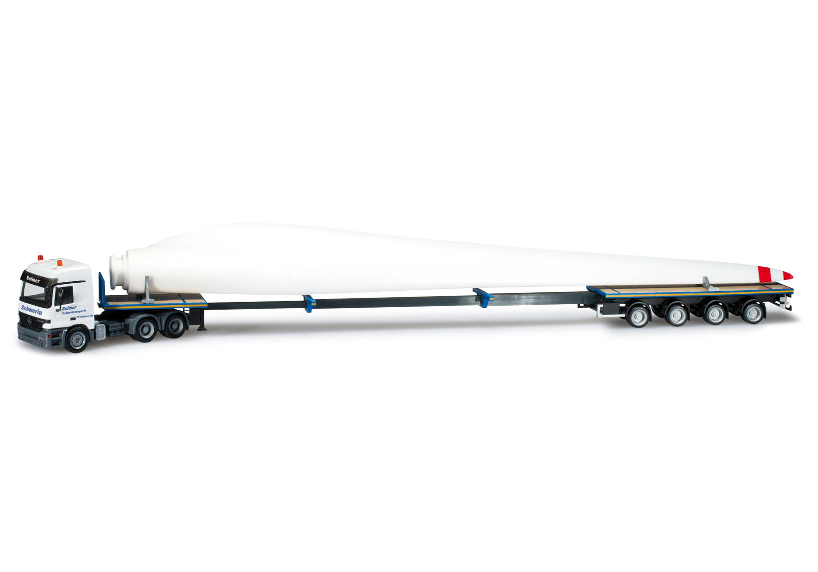 Set of three Mercedes-Benz teletrailer semitrailer with wind energy blades