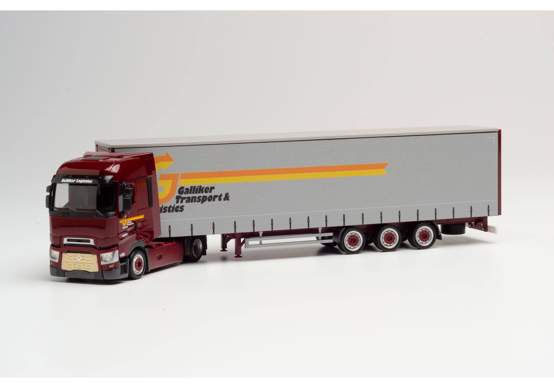 Renault T lowliner curtain semitrailer "Galliker"