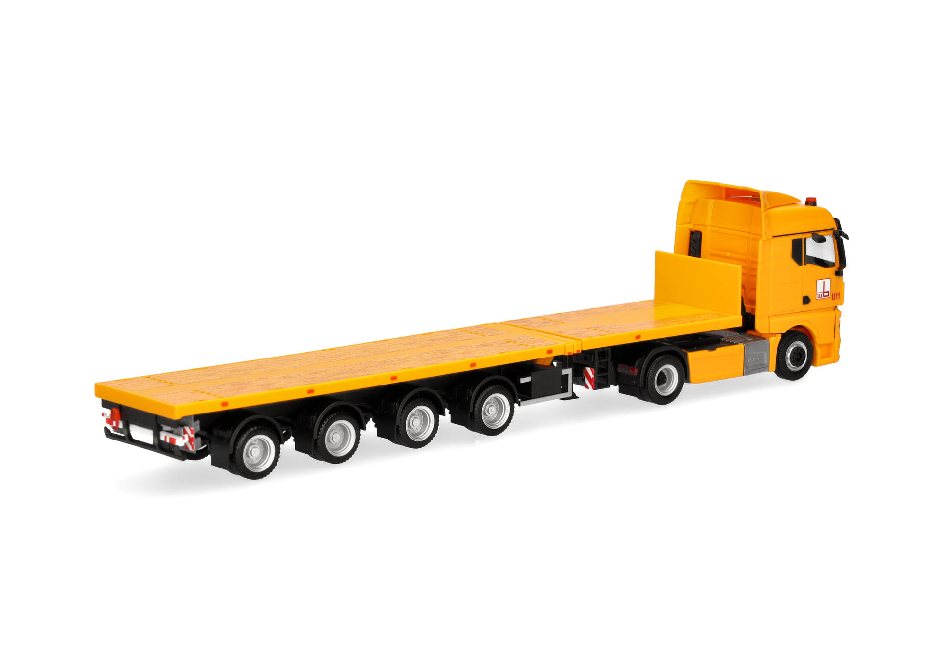 flatbed truck, toy truck, orange color, trailer, heavy vehicle