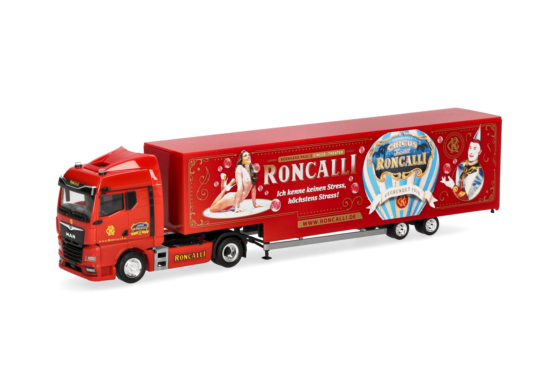 truck, trailer, red, artistic, Roncalli advertisement