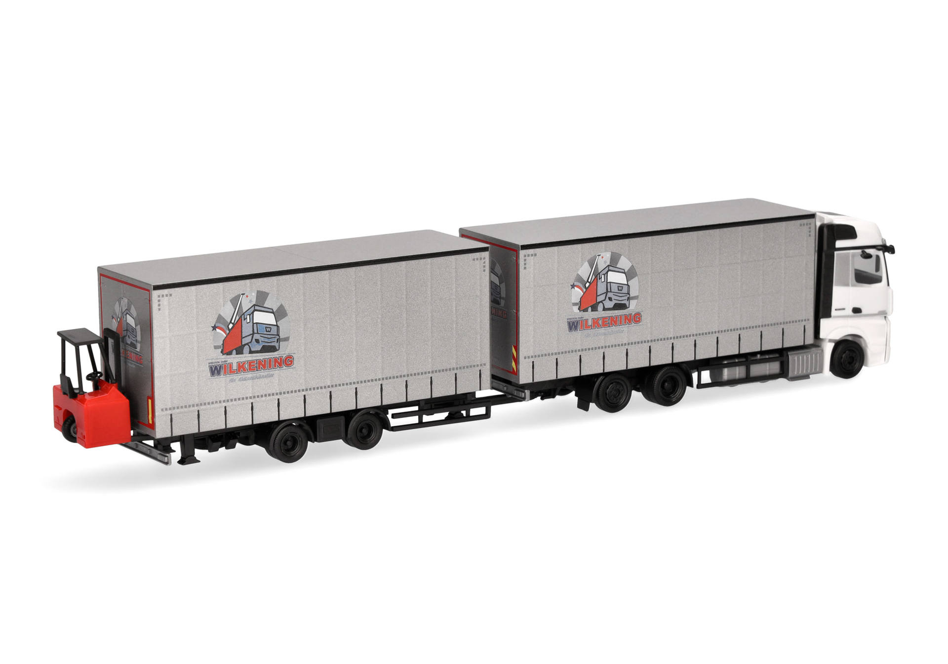 Mercedes-Benz Actros Jumbogardinenplanentandem-Hängerzug mit Stapler "Wilkening"
