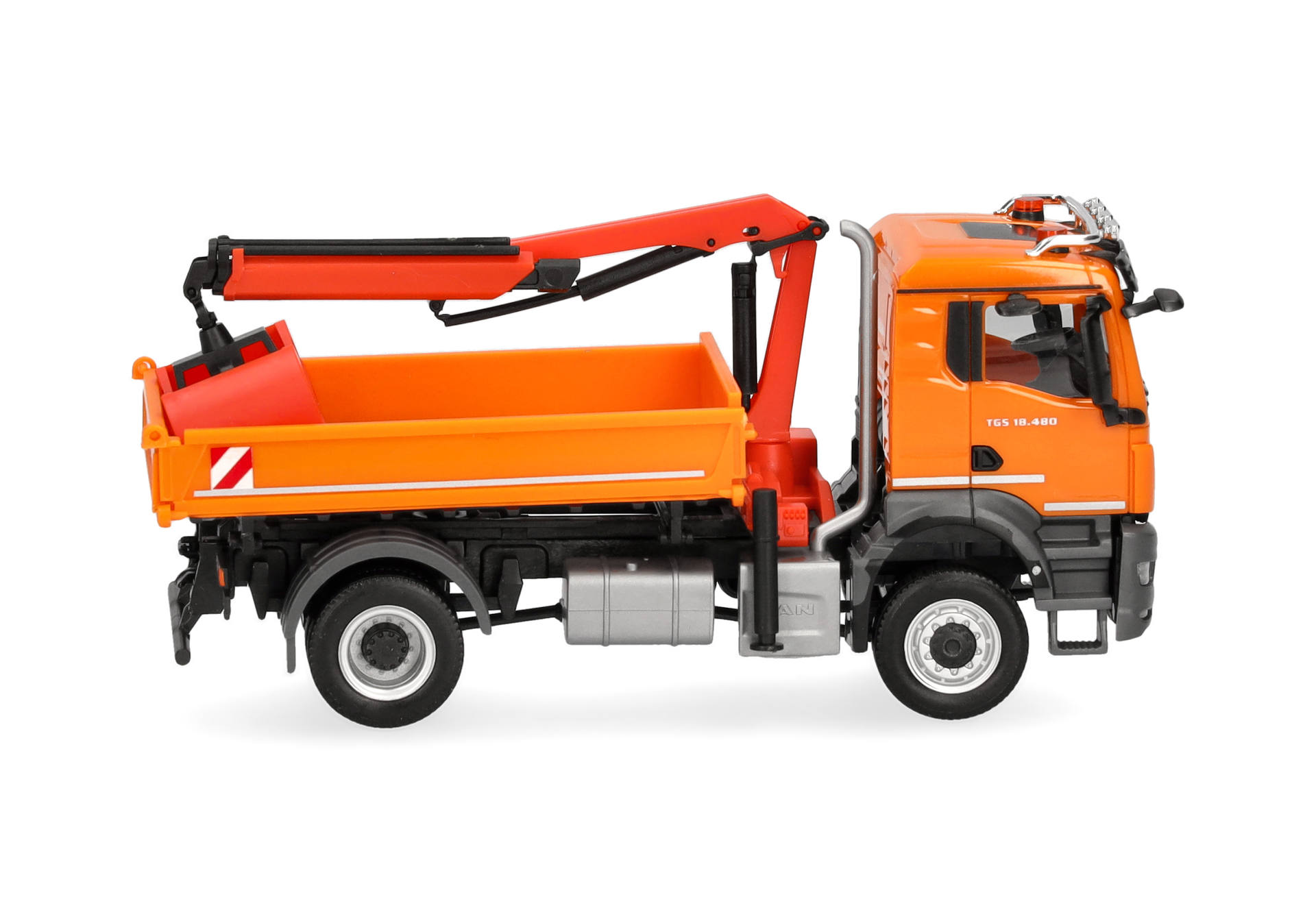 dump truck, orange truck, construction truck, crane arm, flatbed trailer