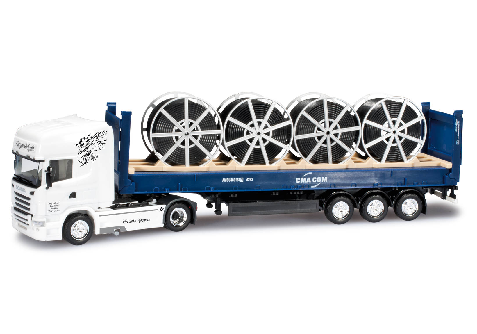 Scania R TL Container-Sattelzug mit Flatcontainer und Kabeltrommeln "Jürgen Schmid"