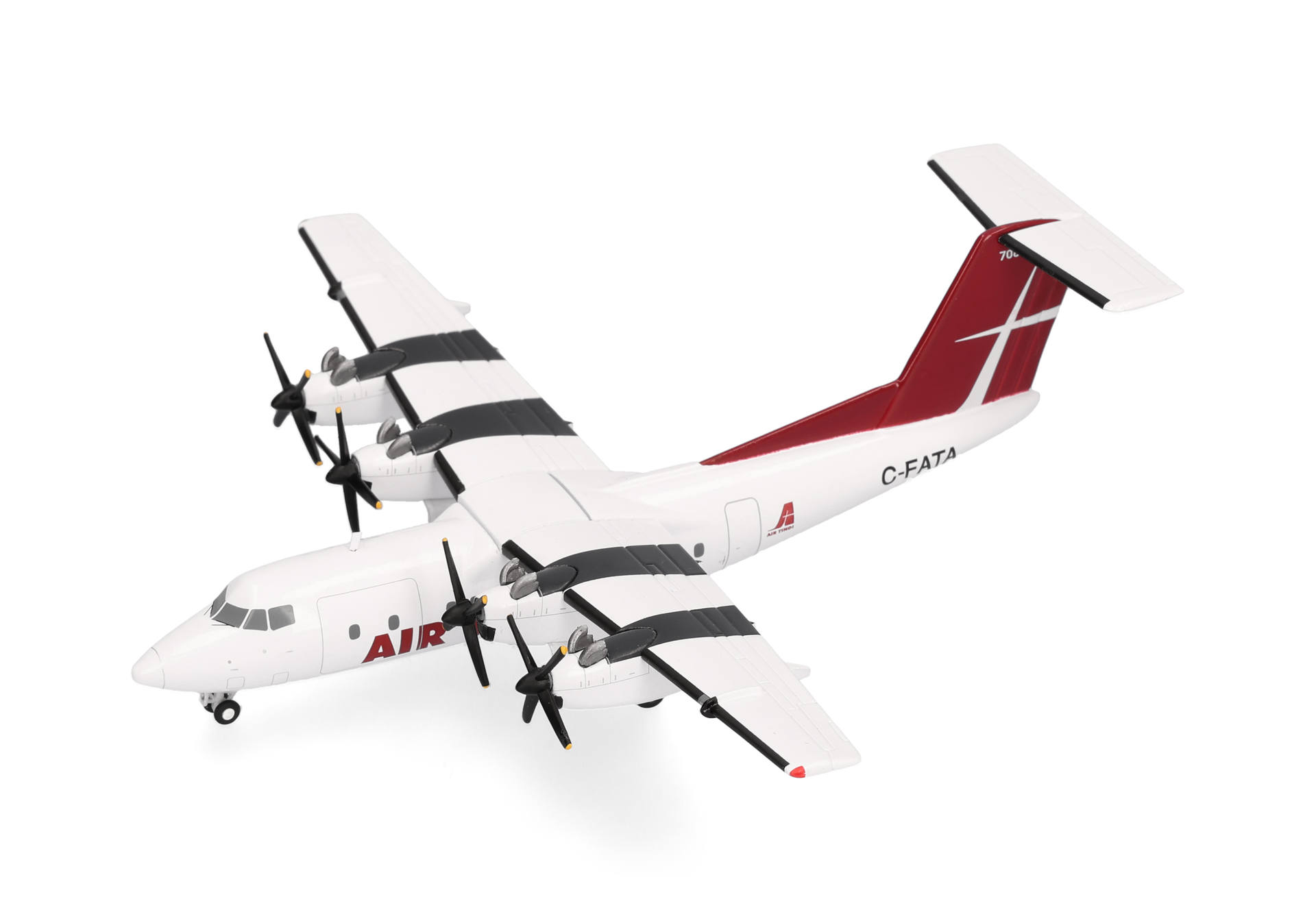 model airplane, turboprop, white aircraft, six-propeller, red tail